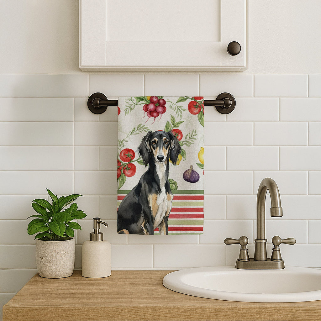 Black and Tan Saluki Vegetables Kitchen Towel Velour Plush Front and Cotton Loop Back Machine Washable