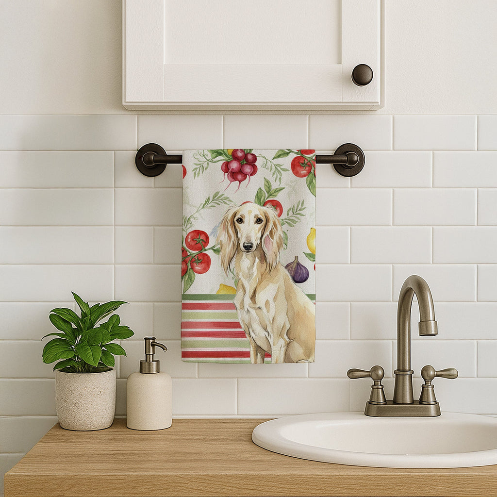 Cream Saluki Vegetables Kitchen Towel Velour Plush Front and Cotton Loop Back Machine Washable