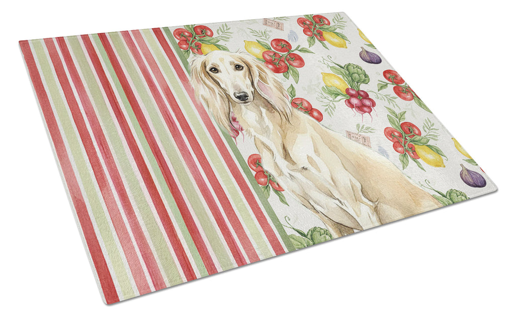Cream Saluki Vegetables Cutting Board Tempered Glass Kitchen Cutting Surface, Heat Resistant Chopping, Non-Slip Feet, Food Prep & Serving