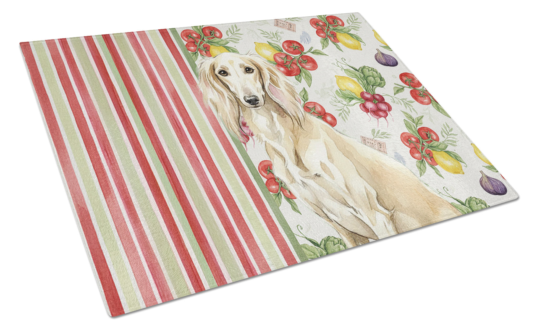 Cream Saluki Vegetables Cutting Board Tempered Glass Kitchen Cutting Surface, Heat Resistant Chopping, Non-Slip Feet, Food Prep & Serving