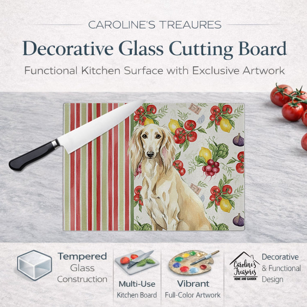 Cream Saluki Vegetables Cutting Board Tempered Glass Kitchen Cutting Surface, Heat Resistant Chopping, Non-Slip Feet, Food Prep & Serving