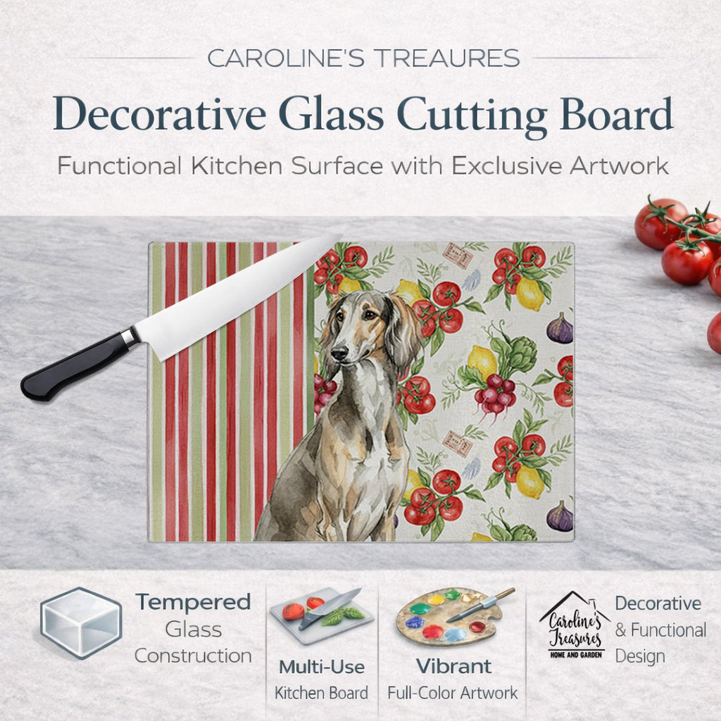 Grizzle Saluki Vegetables Cutting Board Tempered Glass Kitchen Cutting Surface, Heat Resistant Chopping, Non-Slip Feet, Food Prep & Serving