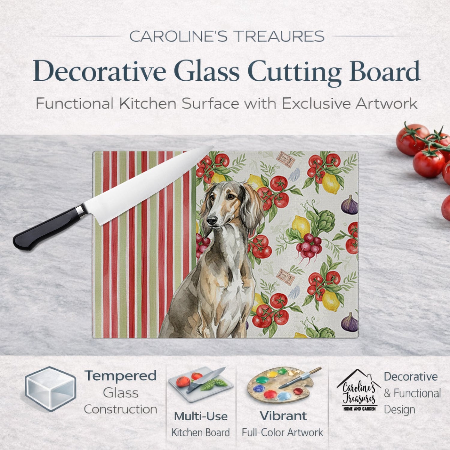 Grizzle Saluki Vegetables Cutting Board Tempered Glass Kitchen Cutting Surface, Heat Resistant Chopping, Non-Slip Feet, Food Prep & Serving