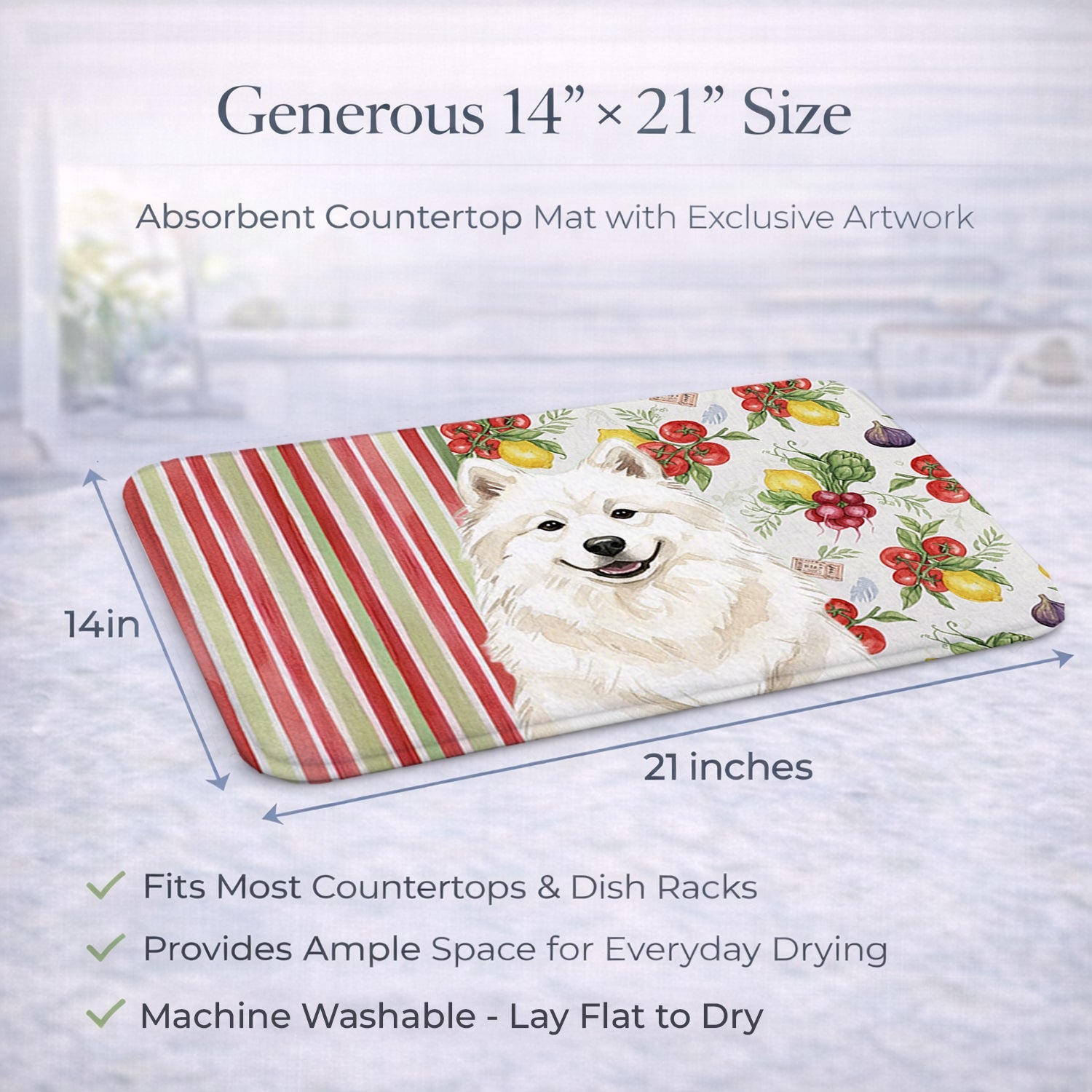 Cream Samoyed Vegetables Dish Drying Mat Absorbent Dish Drying Mat Pad for Kitchen Counter Dish Drainer Mat for Countertop, 14 x 21", Multicolor