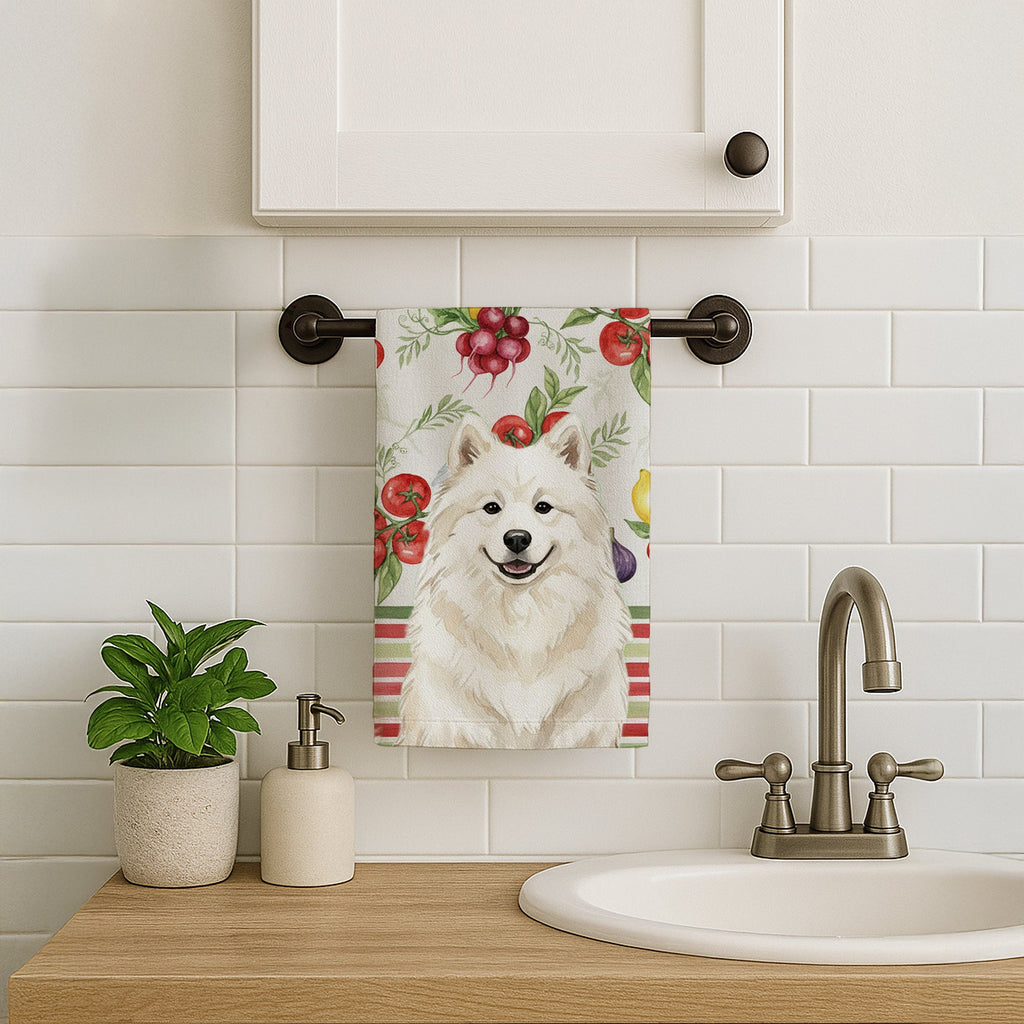 Cream Samoyed Vegetables Kitchen Towel Velour Plush Front and Cotton Loop Back Machine Washable