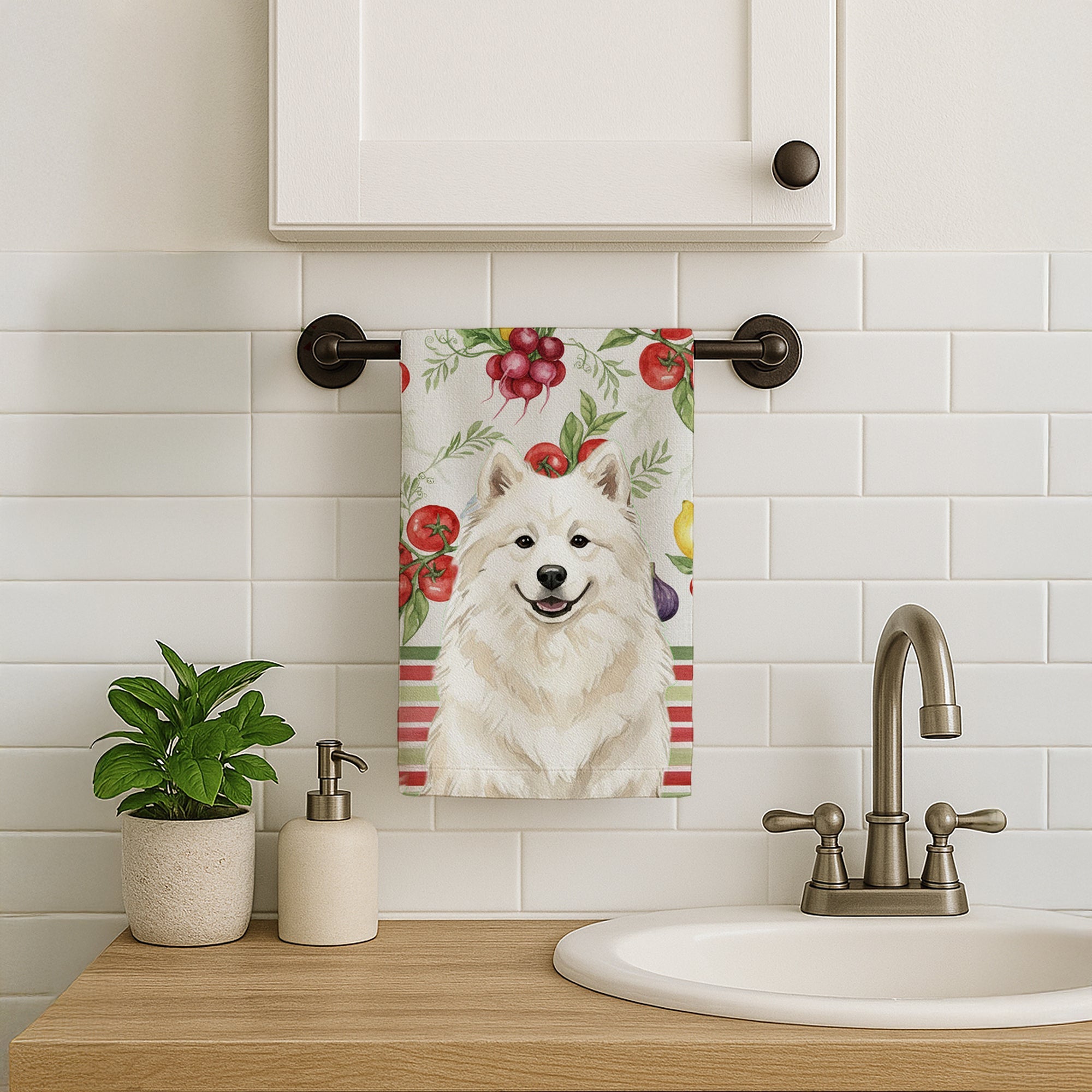 Cream Samoyed Vegetables Kitchen Towel Velour Plush Front and Cotton Loop Back Machine Washable