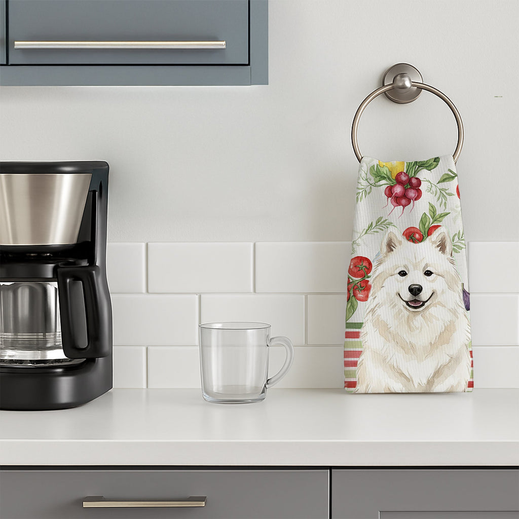 Cream Samoyed Vegetables Kitchen Towel Velour Plush Front and Cotton Loop Back Machine Washable