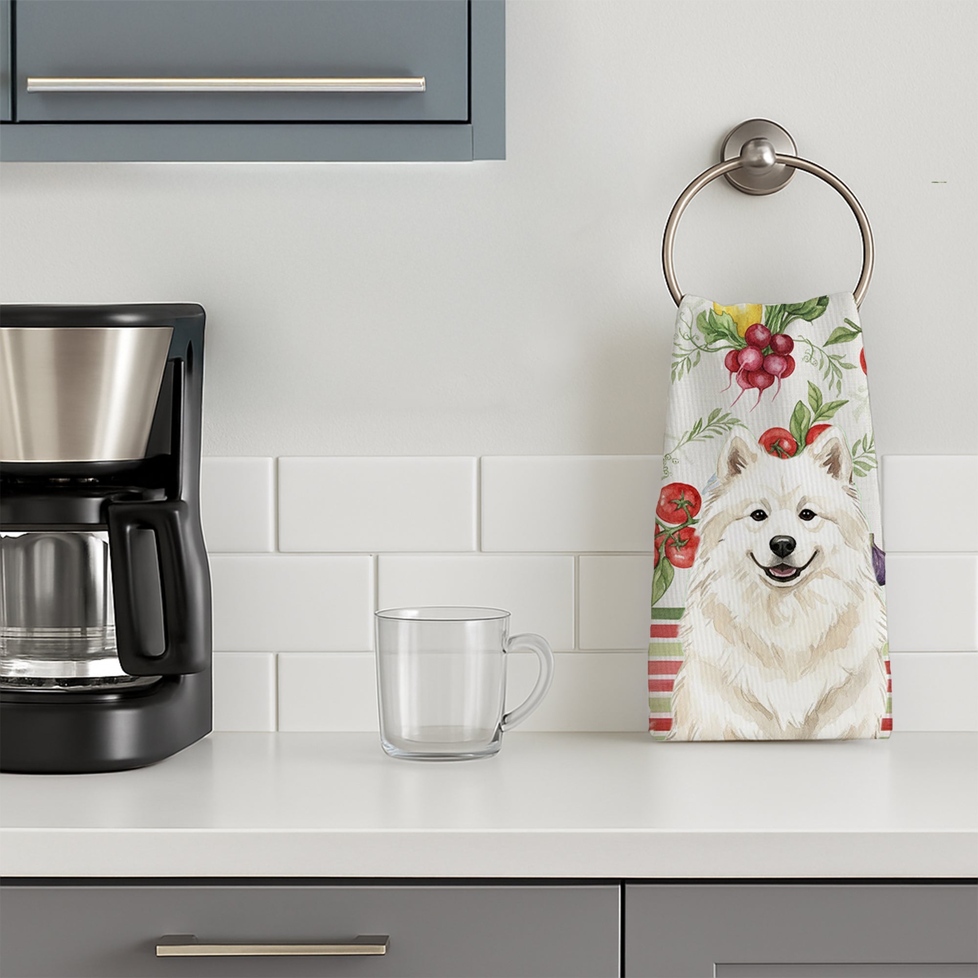 Cream Samoyed Vegetables Kitchen Towel Velour Plush Front and Cotton Loop Back Machine Washable