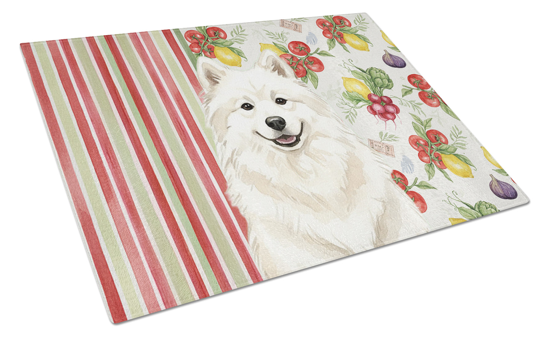 Cream Samoyed Vegetables Cutting Board Tempered Glass Kitchen Cutting Surface, Heat Resistant Chopping, Non-Slip Feet, Food Prep & Serving
