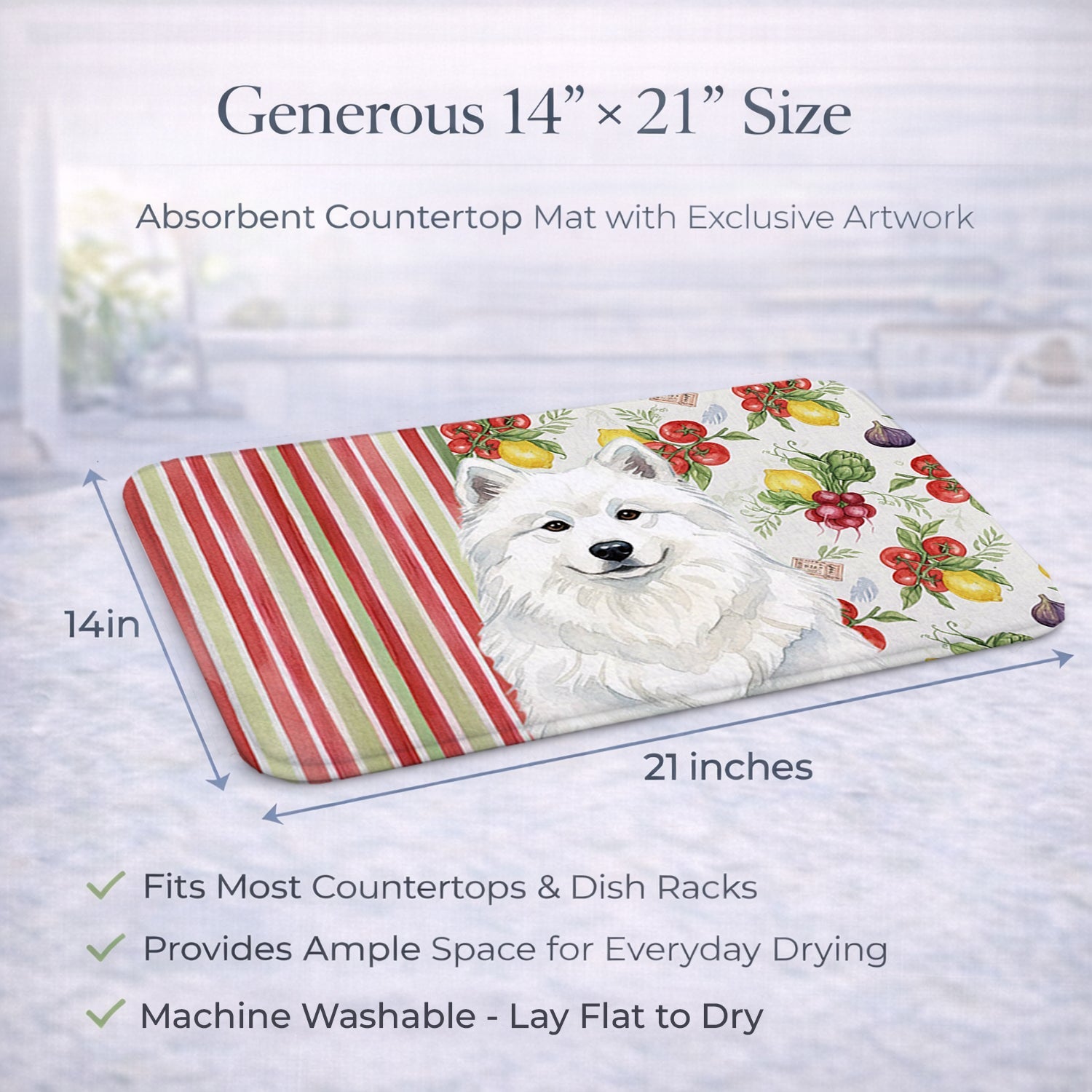 White Samoyed Vegetables Dish Drying Mat Absorbent Dish Drying Mat Pad for Kitchen Counter Dish Drainer Mat for Countertop, 14 x 21", Multicolor