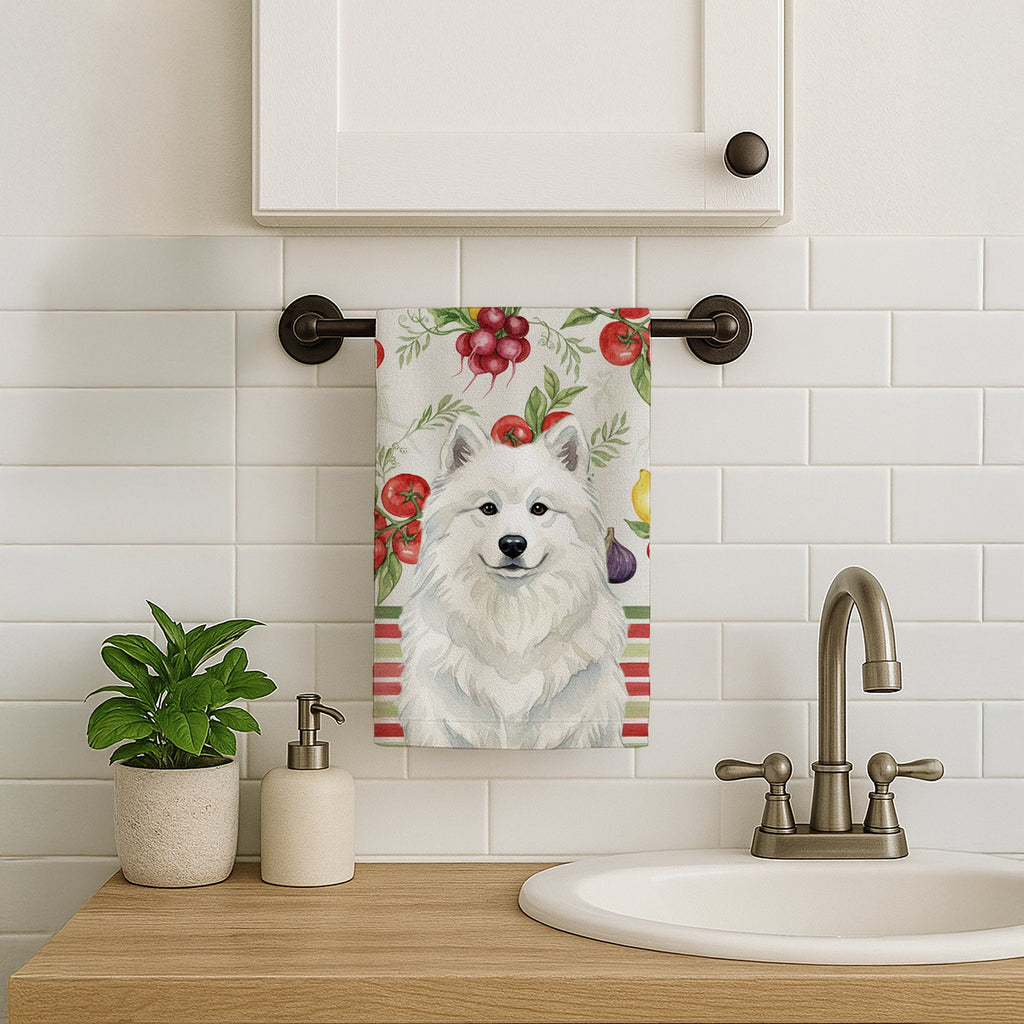 White Samoyed Vegetables Kitchen Towel Velour Plush Front and Cotton Loop Back Machine Washable