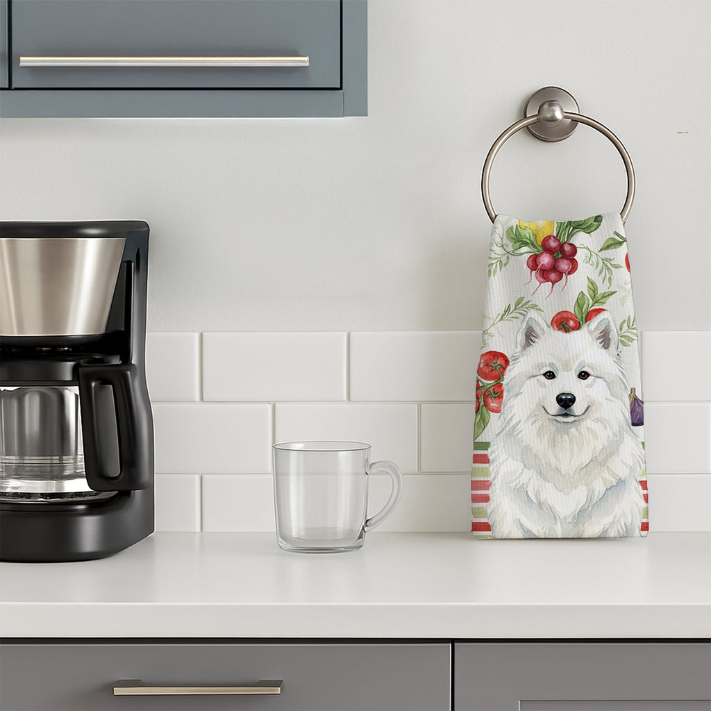 White Samoyed Vegetables Kitchen Towel Velour Plush Front and Cotton Loop Back Machine Washable
