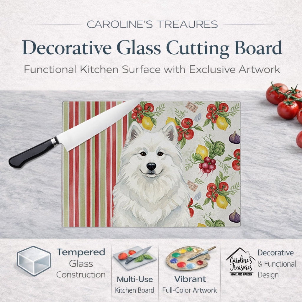 White Samoyed Vegetables Cutting Board Tempered Glass Kitchen Cutting Surface, Heat Resistant Chopping, Non-Slip Feet, Food Prep & Serving