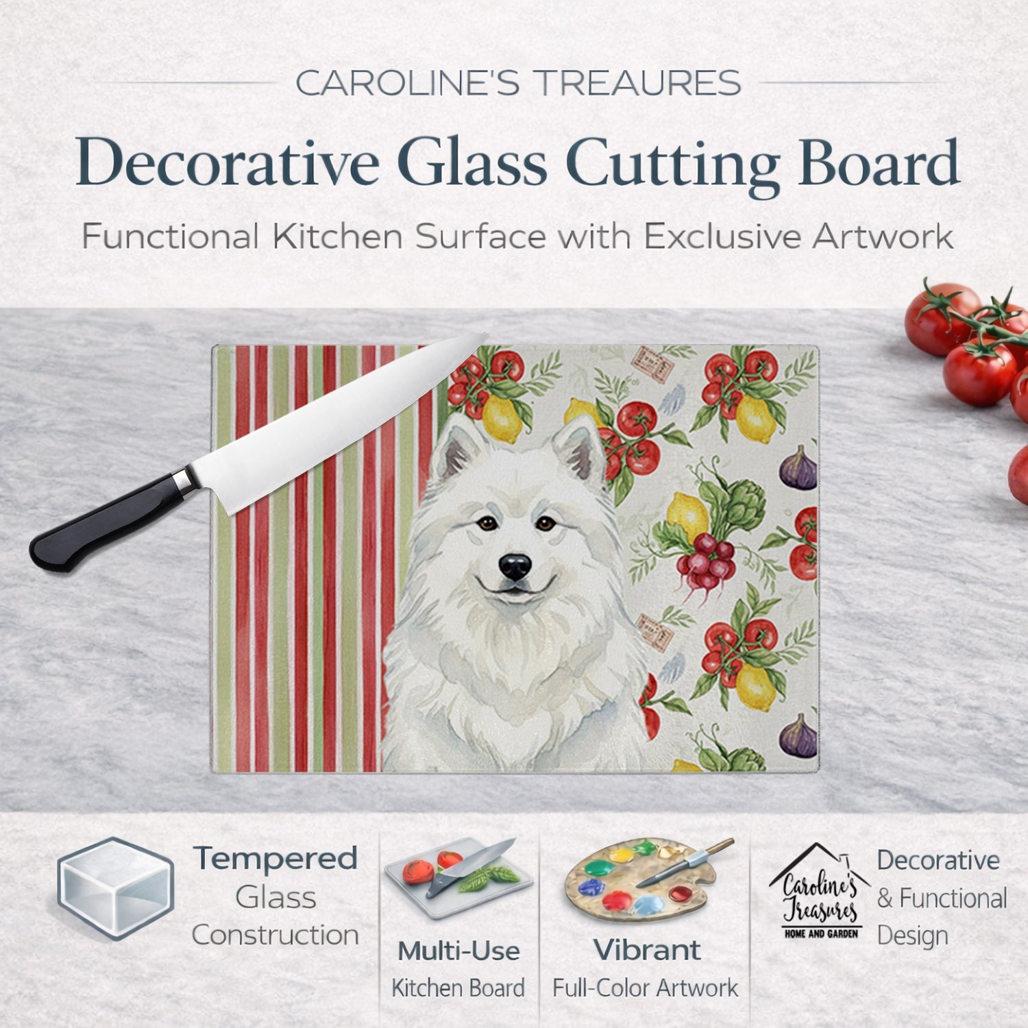 White Samoyed Vegetables Cutting Board Tempered Glass Kitchen Cutting Surface, Heat Resistant Chopping, Non-Slip Feet, Food Prep & Serving