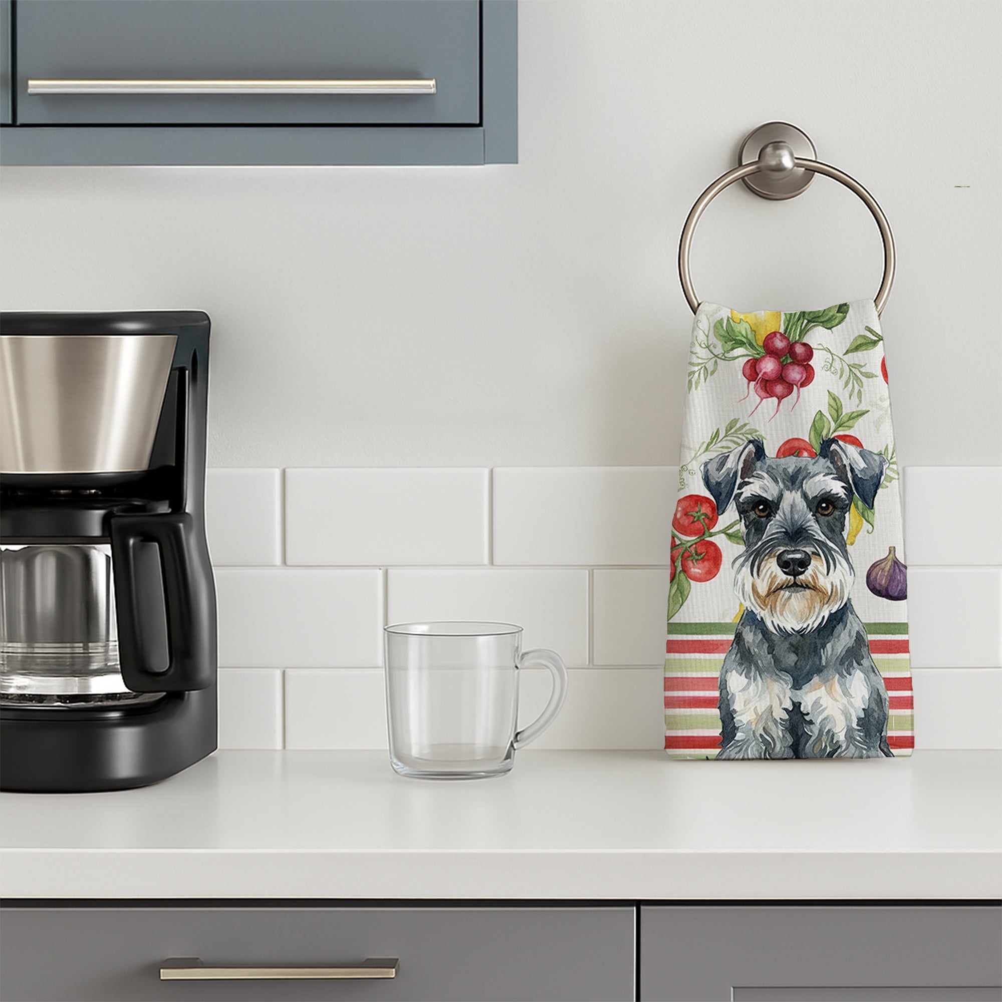 Schnauzer Vegetables Kitchen Towel Velour Plush Front and Cotton Loop Back Machine Washable