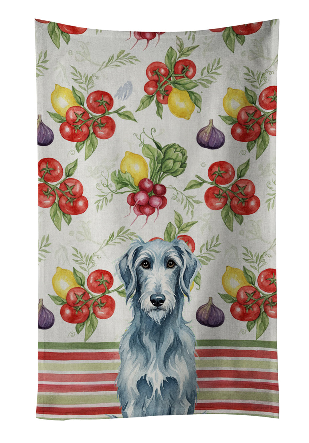Blue-Gray Scottish Deerhound Vegetables Kitchen Towel Velour Plush Front and Cotton Loop Back Machine Washable