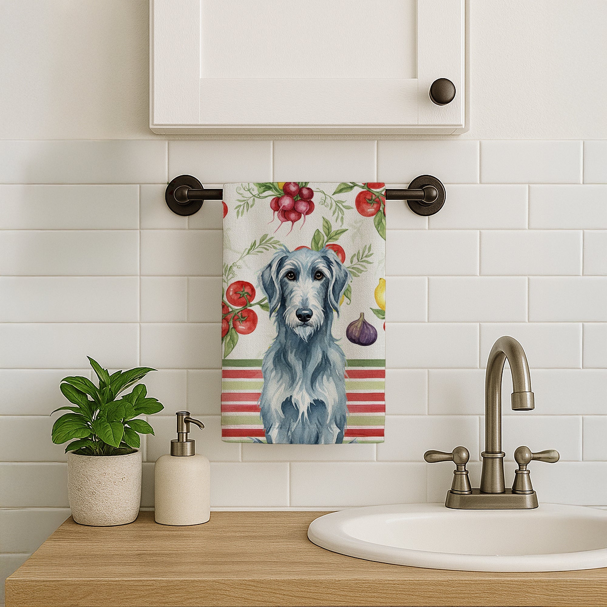 Blue-Gray Scottish Deerhound Vegetables Kitchen Towel Velour Plush Front and Cotton Loop Back Machine Washable