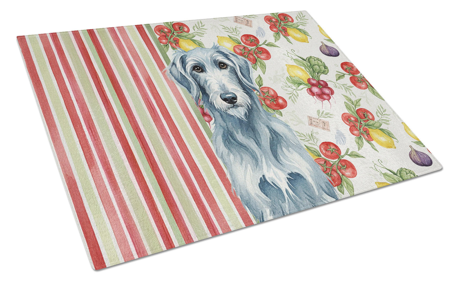 Blue-Gray Scottish Deerhound Vegetables Cutting Board Tempered Glass Kitchen Cutting Surface, Heat Resistant Chopping, Non-Slip Feet, Food Prep & Serving
