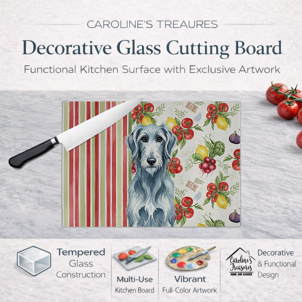 Blue-Gray Scottish Deerhound Vegetables Cutting Board Tempered Glass Kitchen Cutting Surface, Heat Resistant Chopping, Non-Slip Feet, Food Prep & Serving