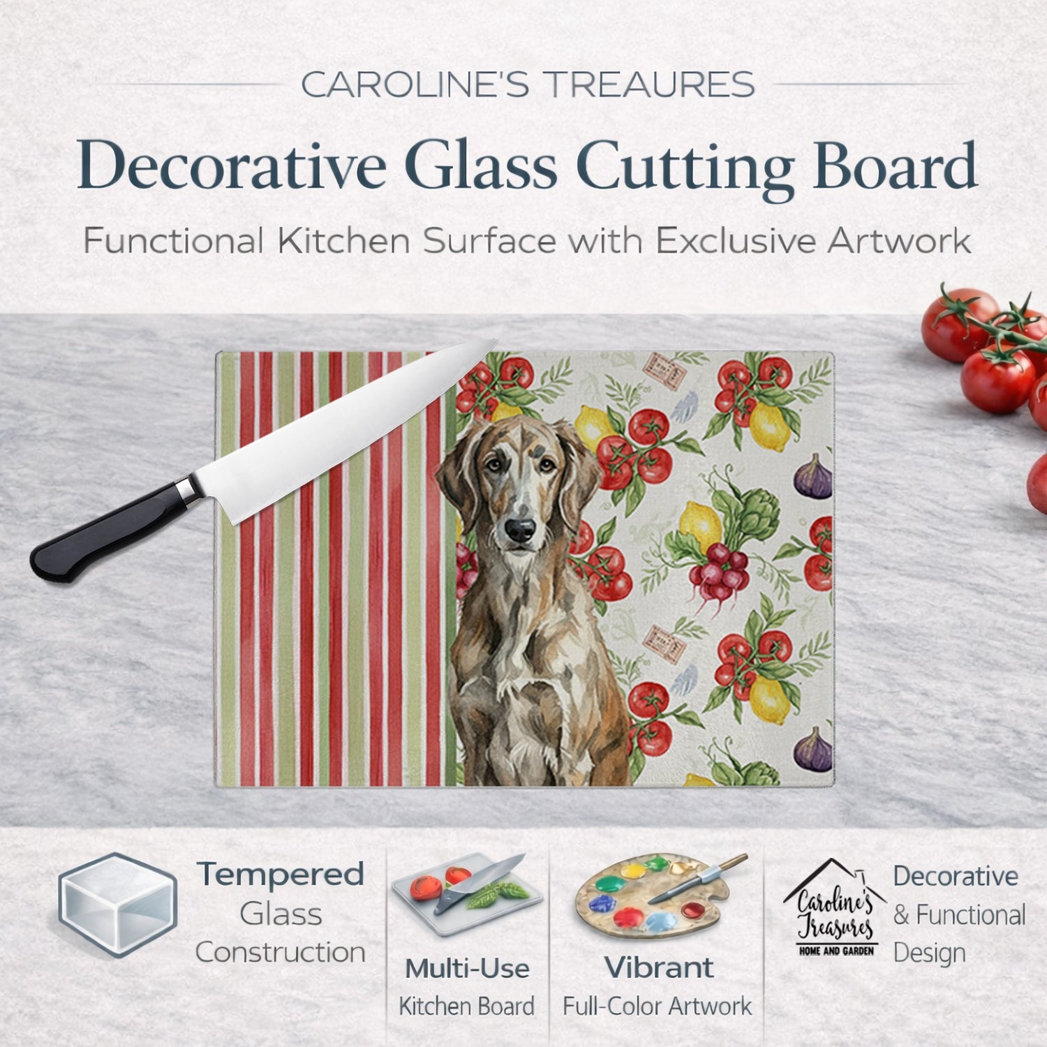 Brindle Scottish Deerhound Vegetables Cutting Board Tempered Glass Kitchen Cutting Surface, Heat Resistant Chopping, Non-Slip Feet, Food Prep & Serving