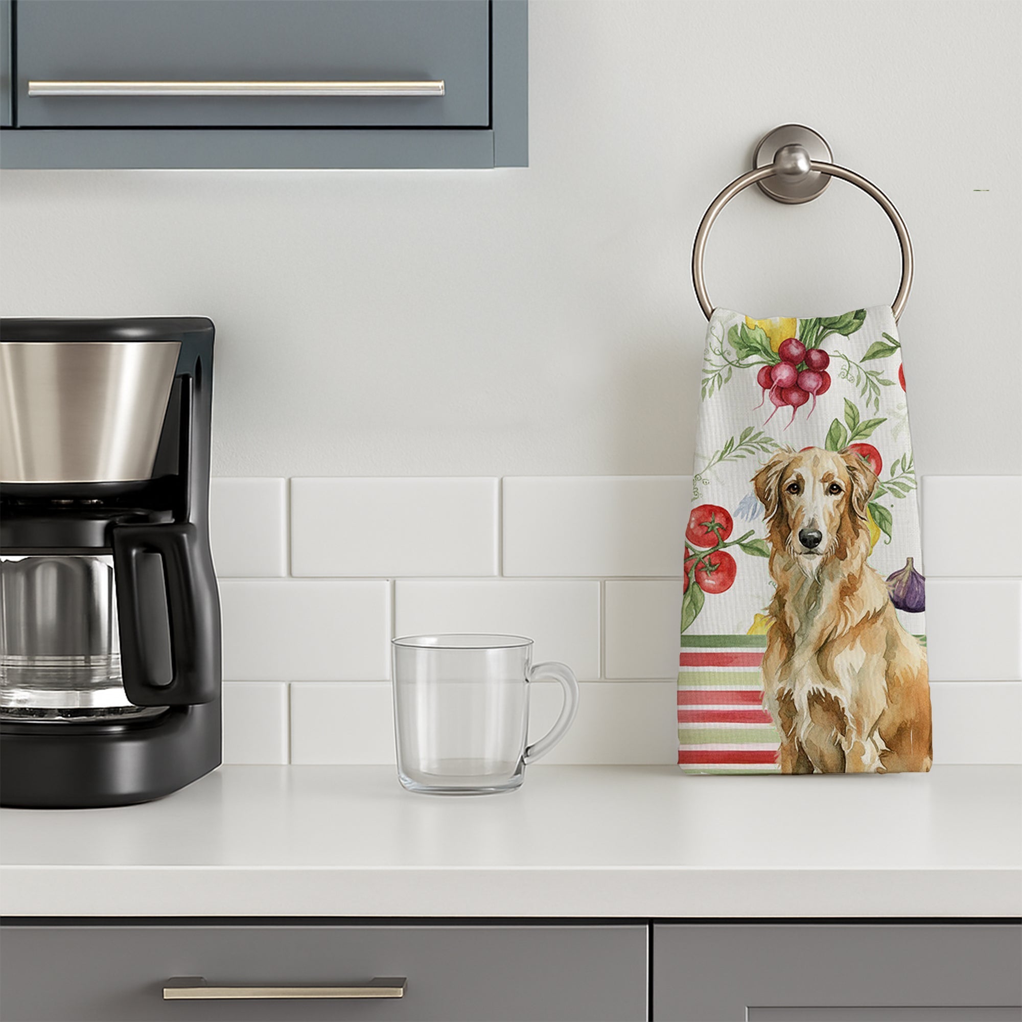 Wheaten Scottish Deerhound Vegetables Kitchen Towel Velour Plush Front and Cotton Loop Back Machine Washable