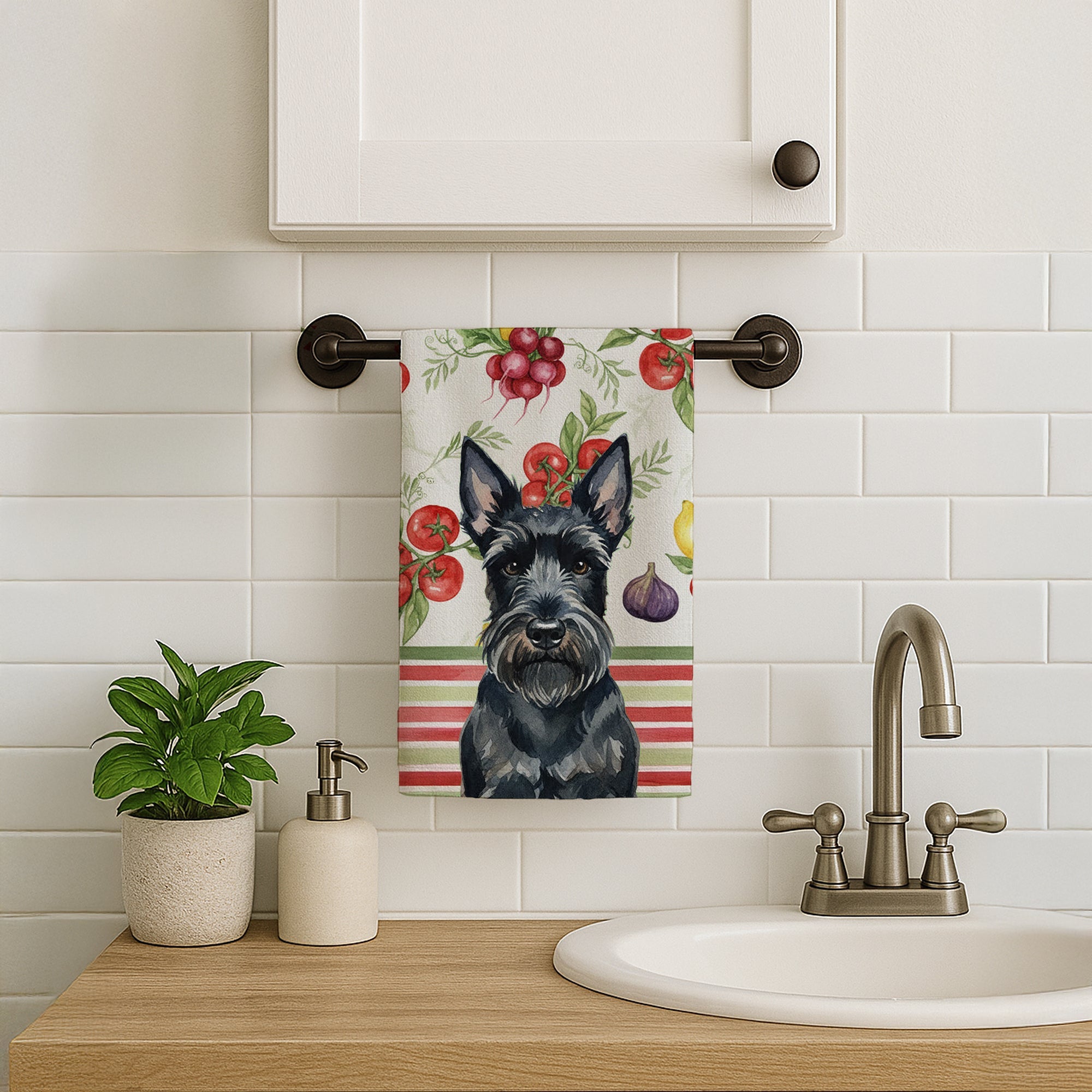 Scottish Terrier Vegetables Kitchen Towel Velour Plush Front and Cotton Loop Back Machine Washable