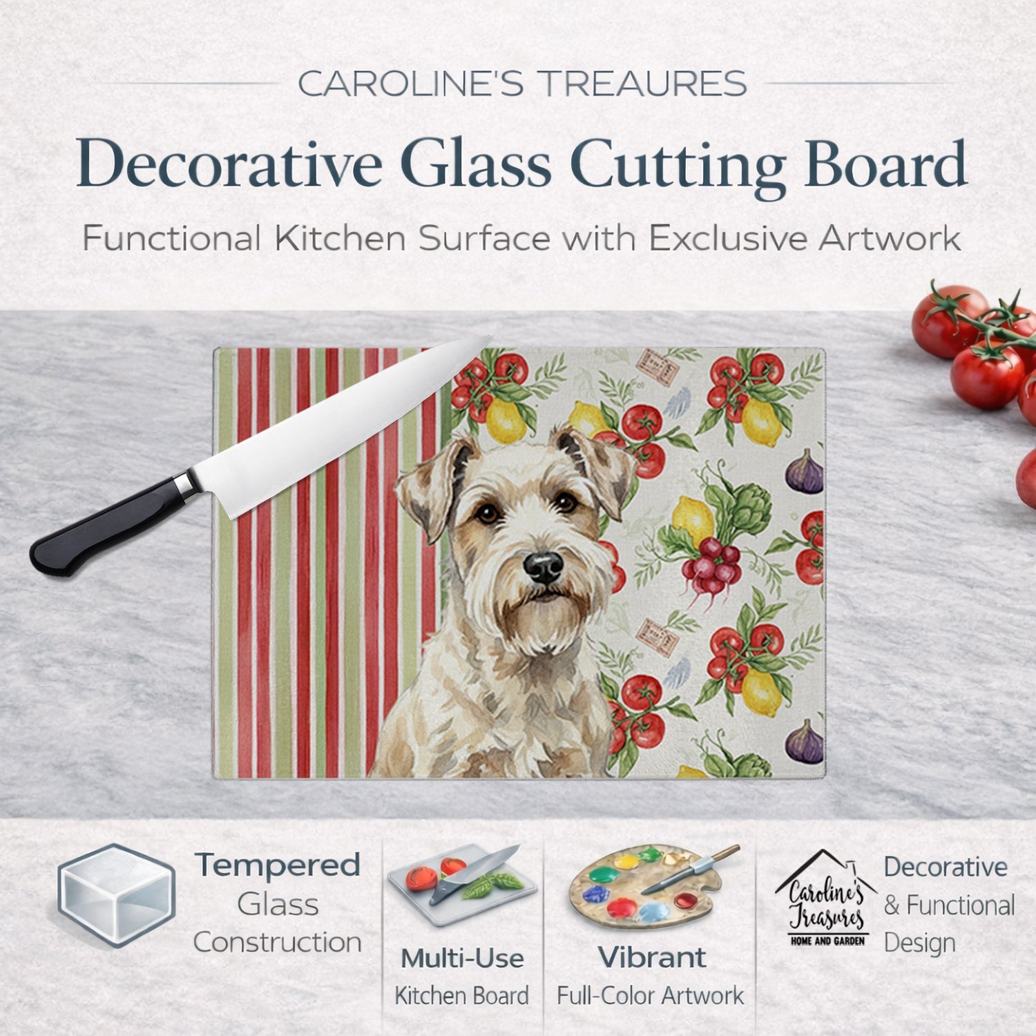 Sealyham Terrier Vegetables Cutting Board Tempered Glass Kitchen Cutting Surface, Heat Resistant Chopping, Non-Slip Feet, Food Prep & Serving