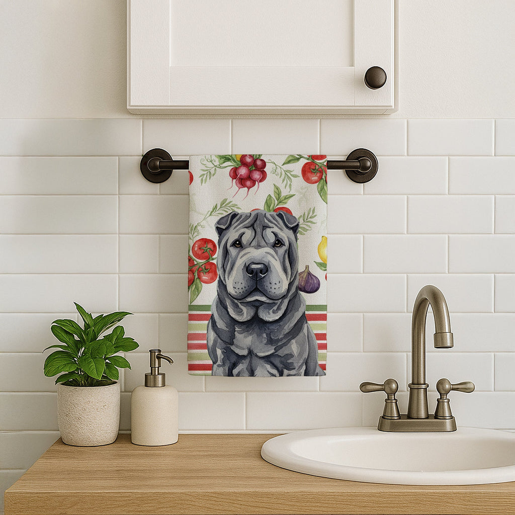 Black Shar Pei Vegetables Kitchen Towel Velour Plush Front and Cotton Loop Back Machine Washable