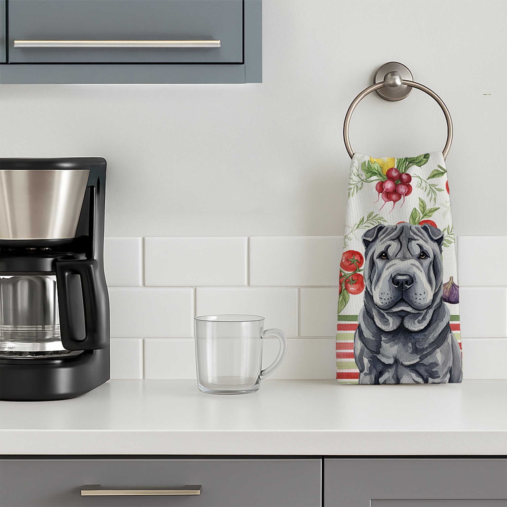 Black Shar Pei Vegetables Kitchen Towel Velour Plush Front and Cotton Loop Back Machine Washable