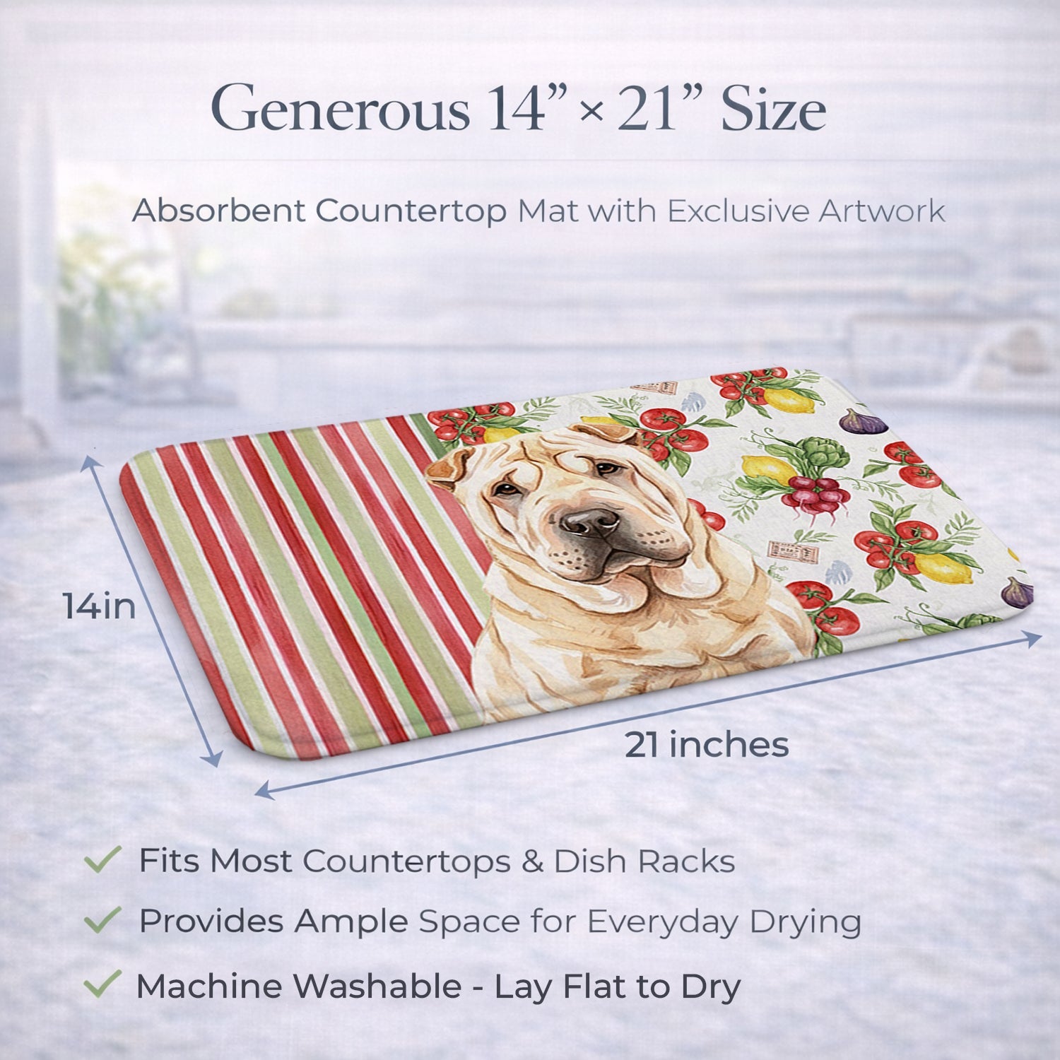 Shar Pei Vegetables Dish Drying Mat Absorbent Dish Drying Mat Pad for Kitchen Counter Dish Drainer Mat for Countertop, 14 x 21", Multicolor