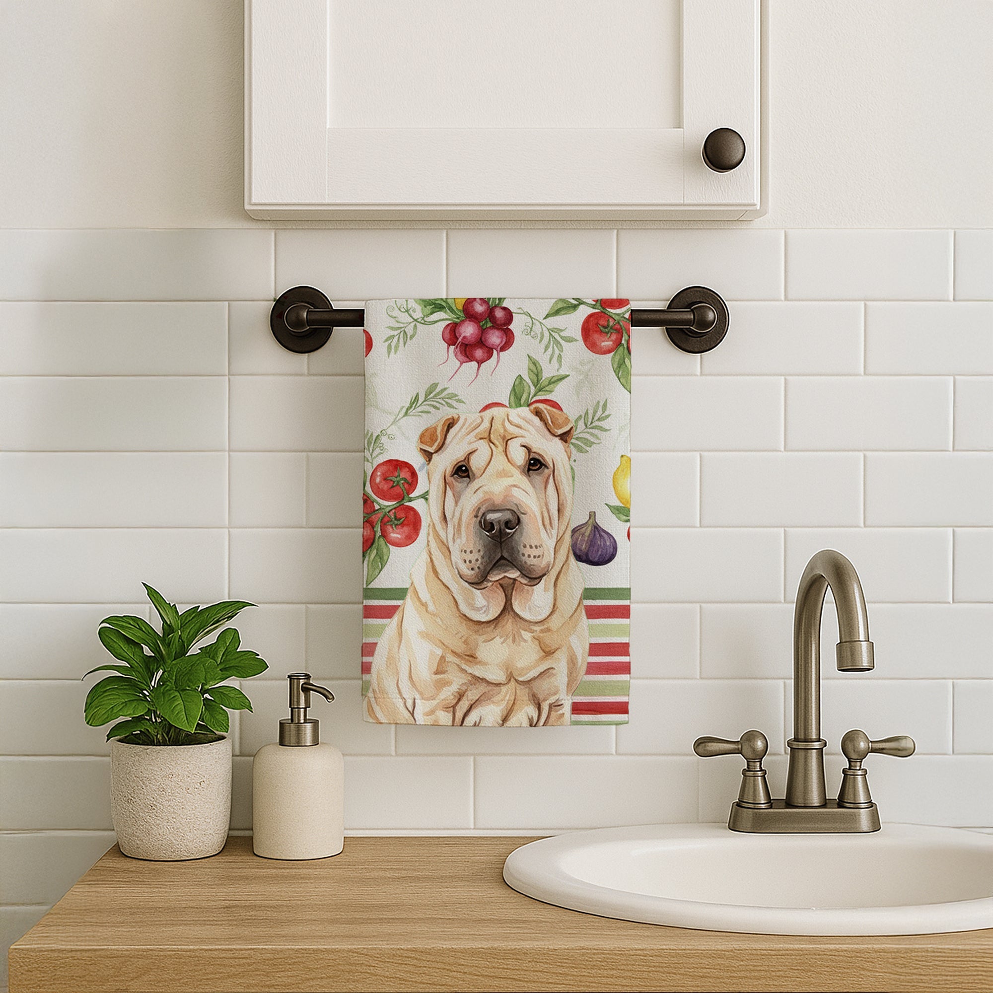 Shar Pei Vegetables Kitchen Towel Velour Plush Front and Cotton Loop Back Machine Washable