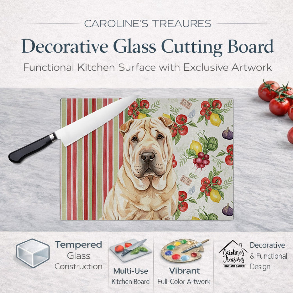 Shar Pei Vegetables Cutting Board Tempered Glass Kitchen Cutting Surface, Heat Resistant Chopping, Non-Slip Feet, Food Prep & Serving