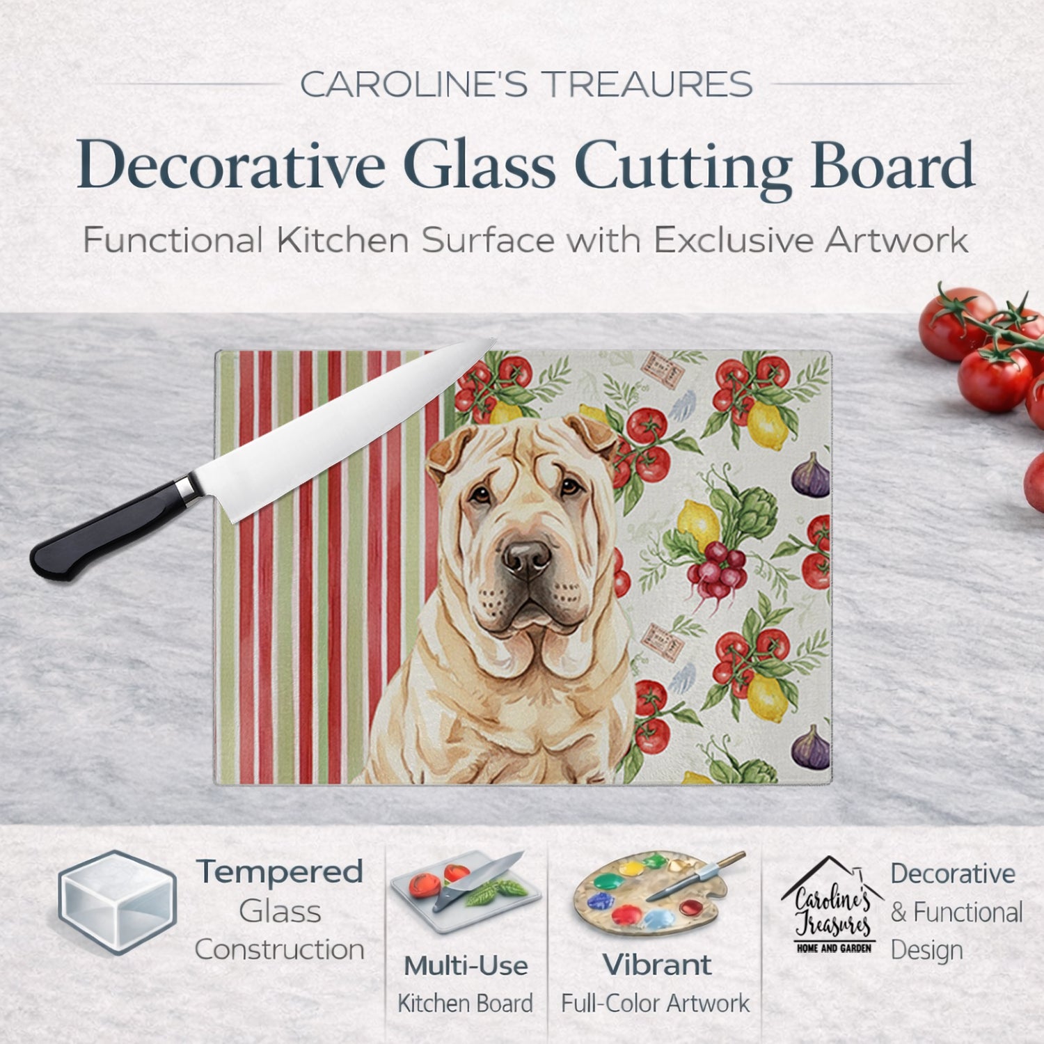 Shar Pei Vegetables Cutting Board Tempered Glass Kitchen Cutting Surface, Heat Resistant Chopping, Non-Slip Feet, Food Prep & Serving