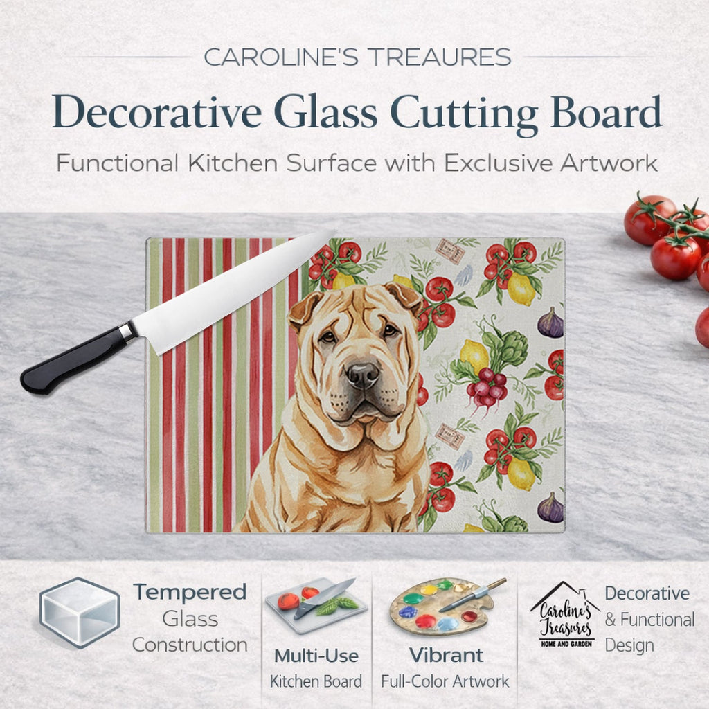 Red Shar Pei Vegetables Cutting Board Tempered Glass Kitchen Cutting Surface, Heat Resistant Chopping, Non-Slip Feet, Food Prep & Serving