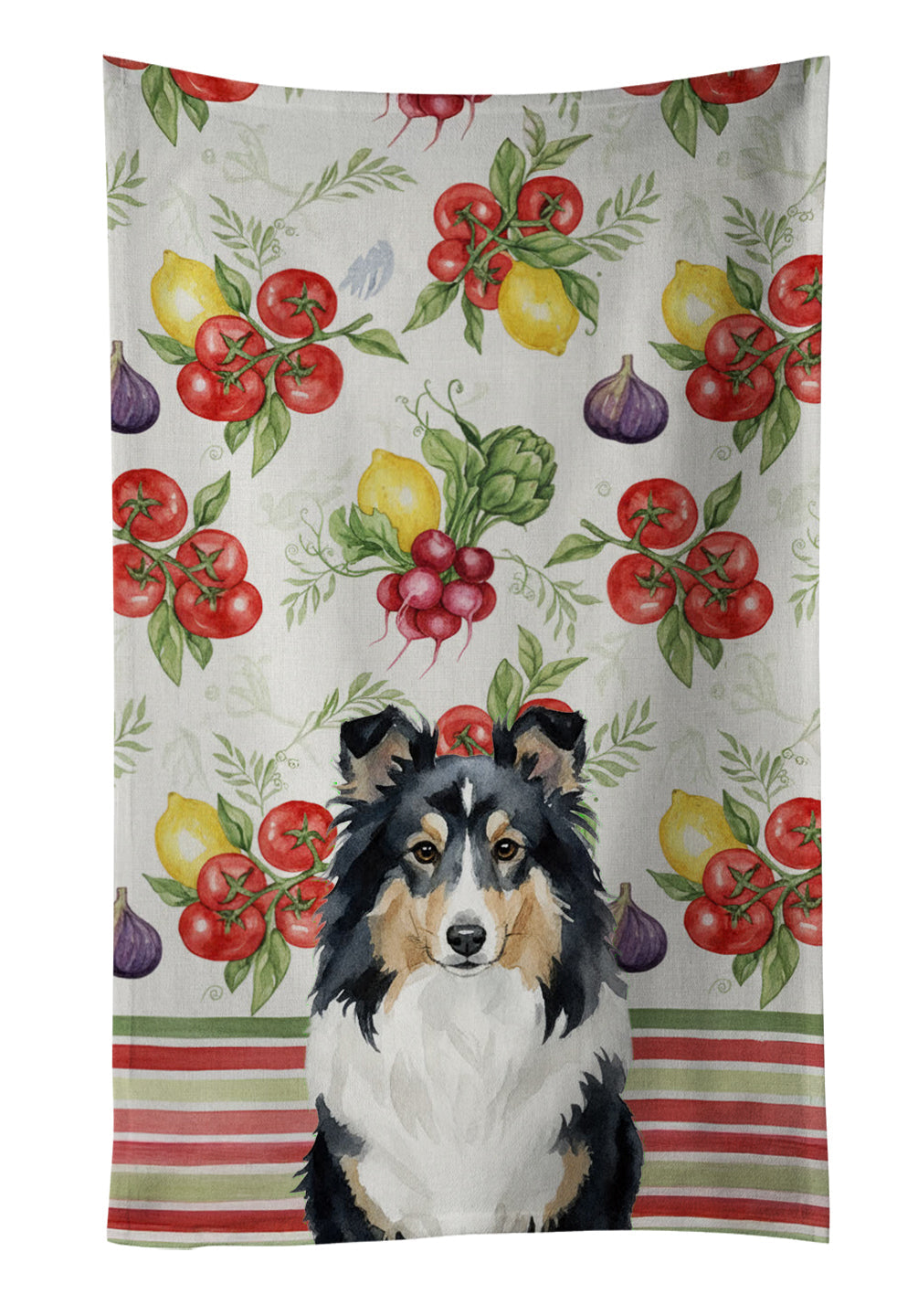 Tricolor Sheltie Vegetables Kitchen Towel Velour Plush Front and Cotton Loop Back Machine Washable