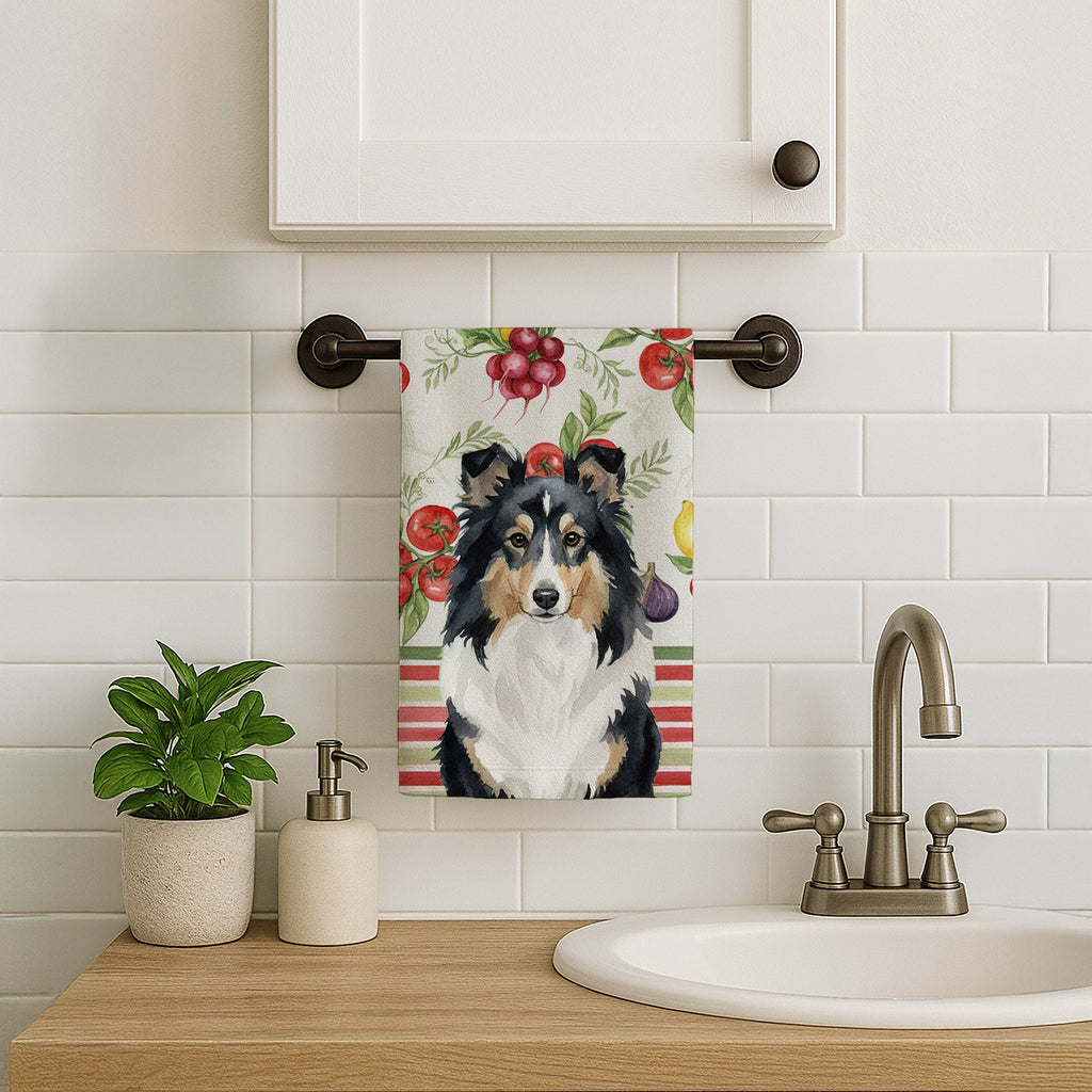 Tricolor Sheltie Vegetables Kitchen Towel Velour Plush Front and Cotton Loop Back Machine Washable