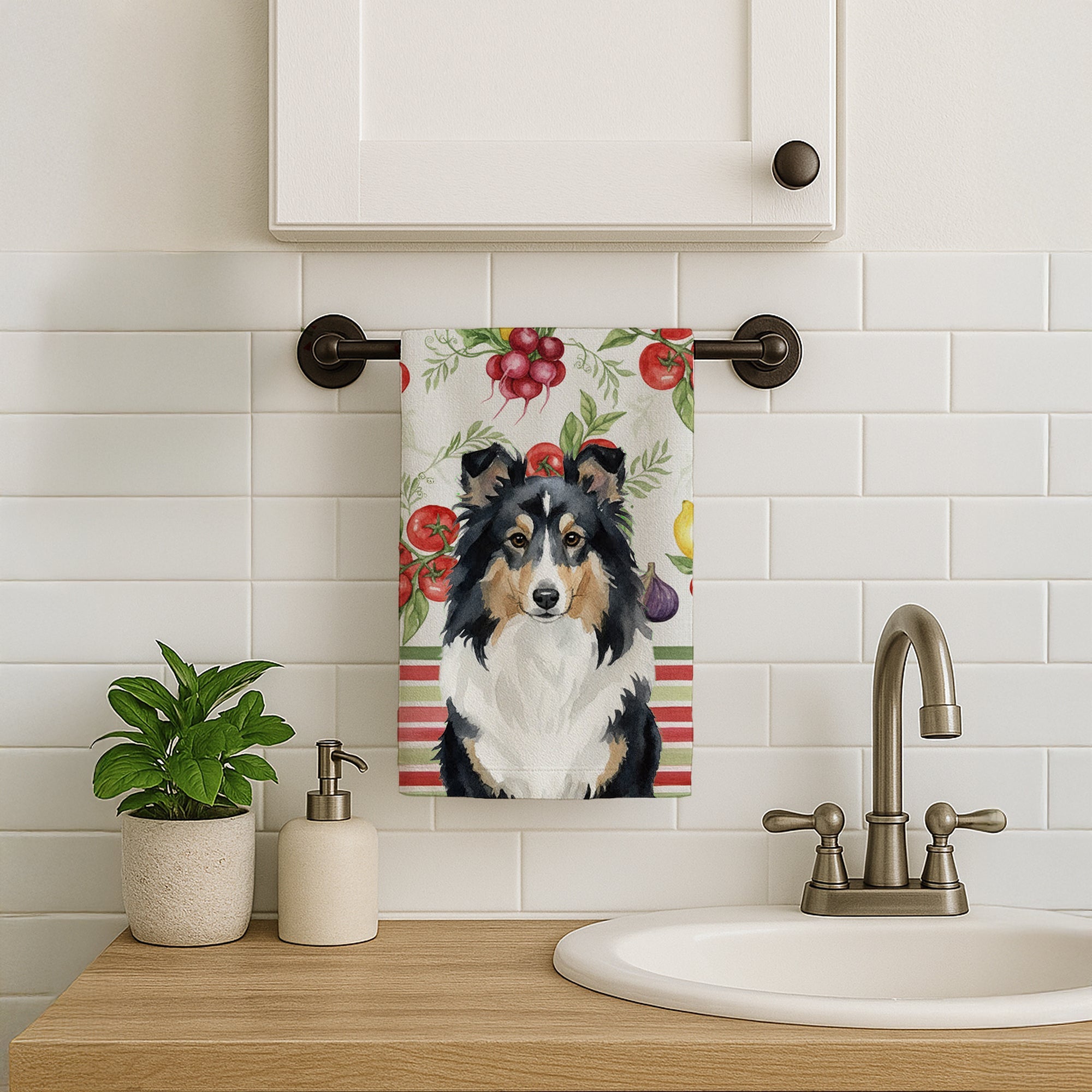 Tricolor Sheltie Vegetables Kitchen Towel Velour Plush Front and Cotton Loop Back Machine Washable