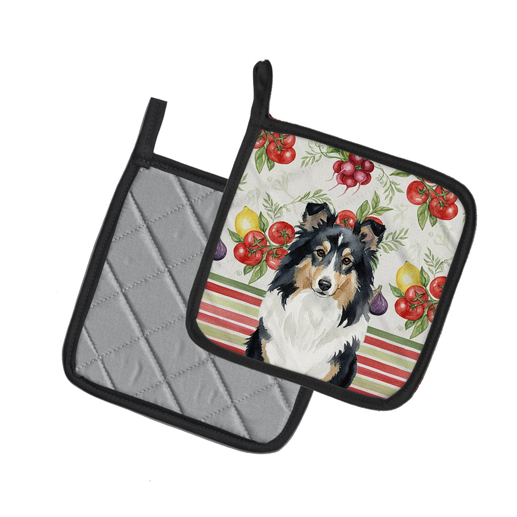 Tricolor Sheltie Vegetables Pot Holder Set of 2 Heat Resistant Quilted Hot Pads 7.5 x 7.5 Inch, Insulated Kitchen Trivets for Cooking & Baking