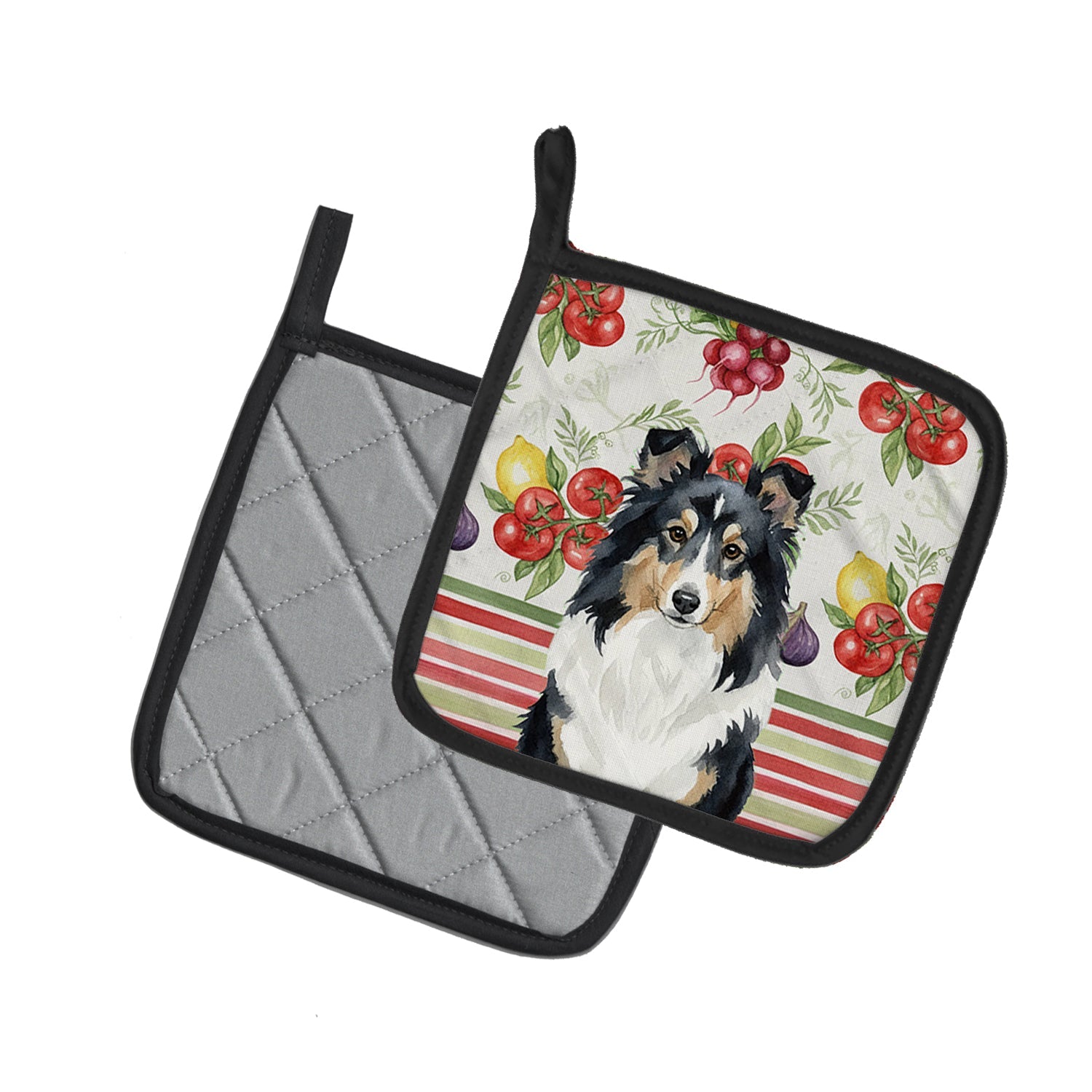 Tricolor Sheltie Vegetables Pot Holder Set of 2 Heat Resistant Quilted Hot Pads 7.5 x 7.5 Inch, Insulated Kitchen Trivets for Cooking & Baking