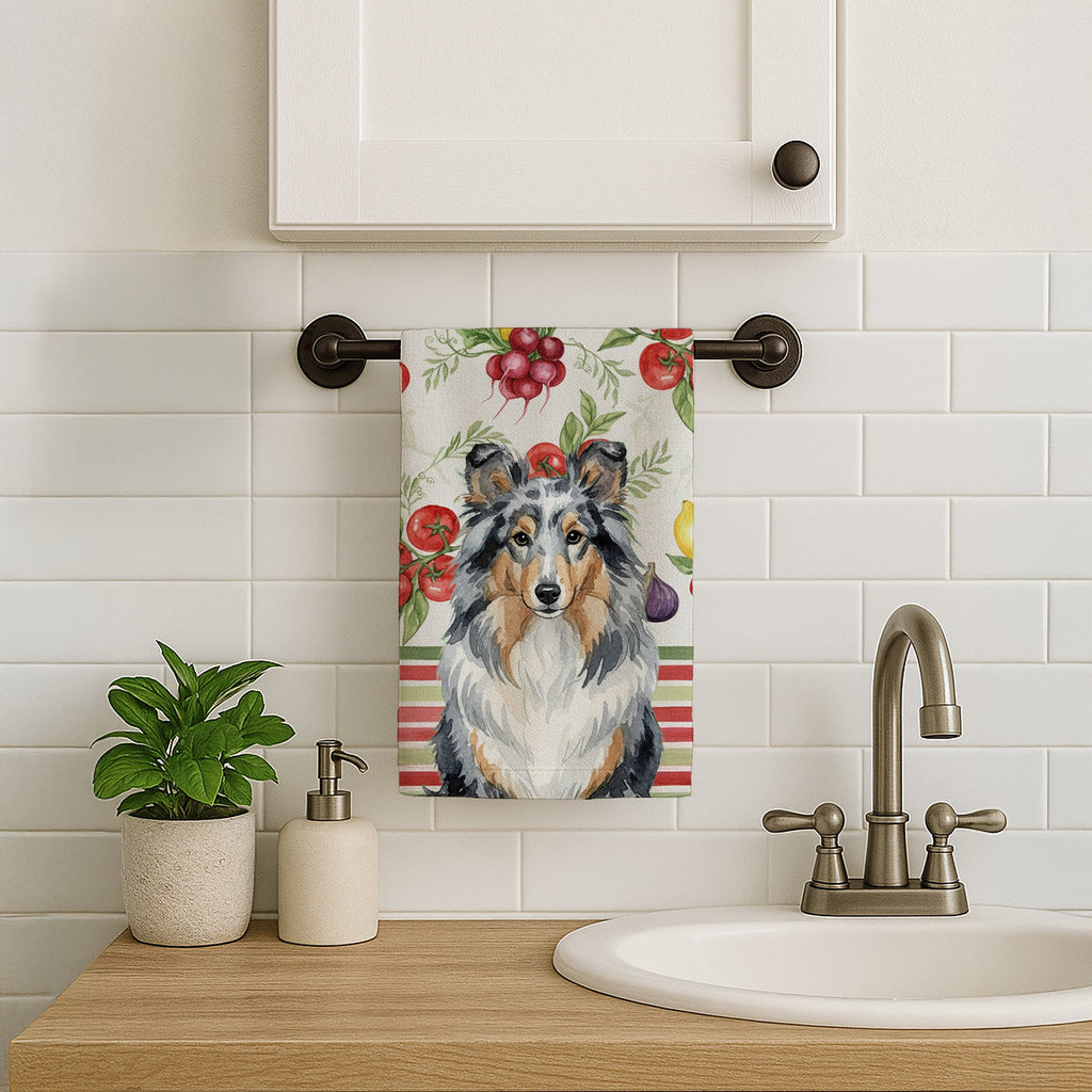 Blue Merle Sheltie Vegetables Kitchen Towel Velour Plush Front and Cotton Loop Back Machine Washable
