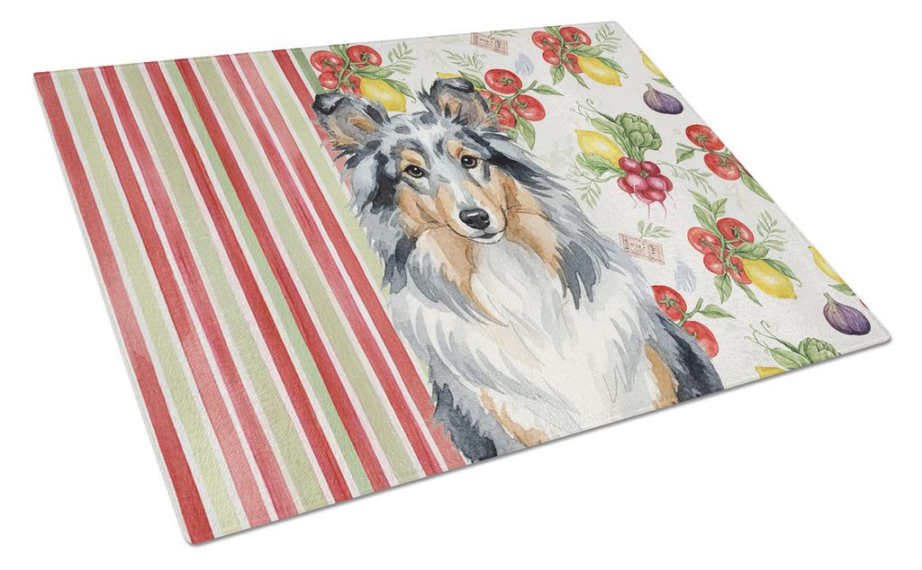 Blue Merle Sheltie Vegetables Cutting Board Tempered Glass Kitchen Cutting Surface, Heat Resistant Chopping, Non-Slip Feet, Food Prep & Serving