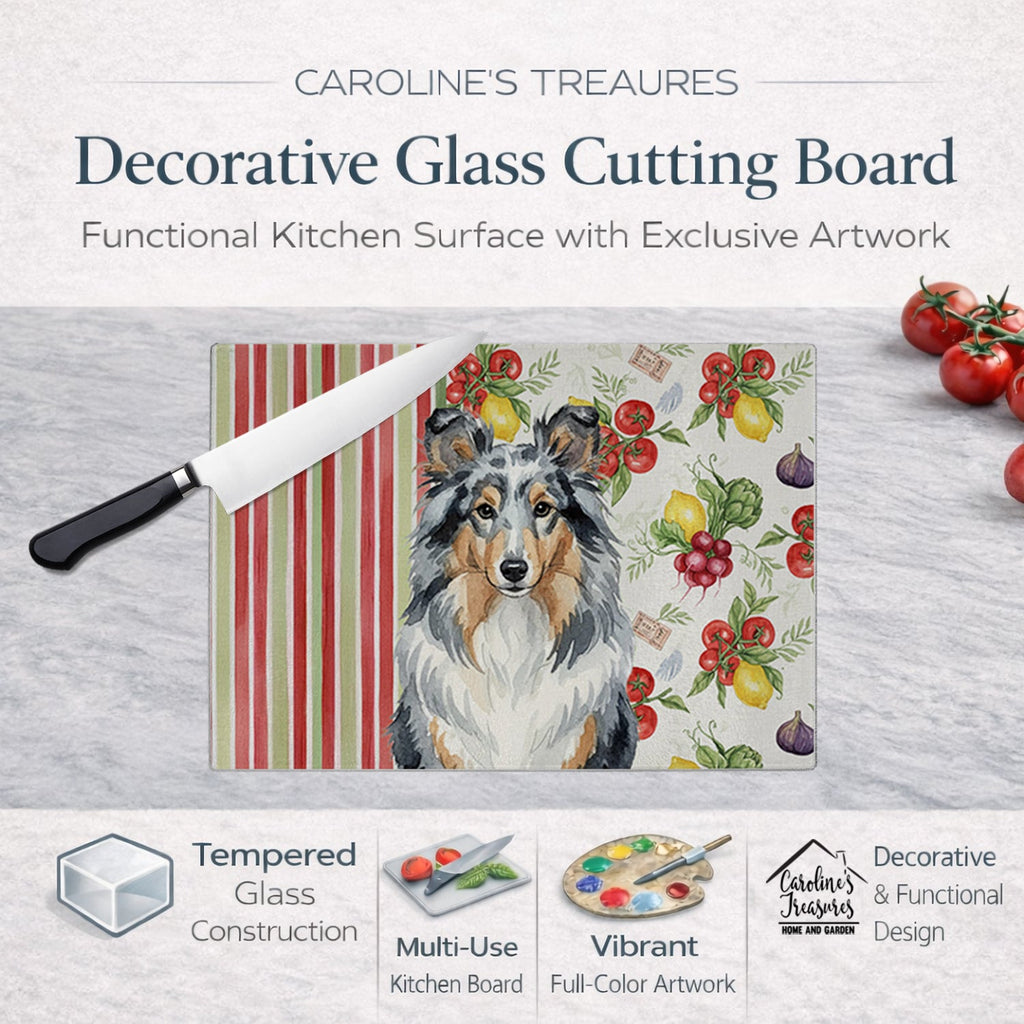 Blue Merle Sheltie Vegetables Cutting Board Tempered Glass Kitchen Cutting Surface, Heat Resistant Chopping, Non-Slip Feet, Food Prep & Serving