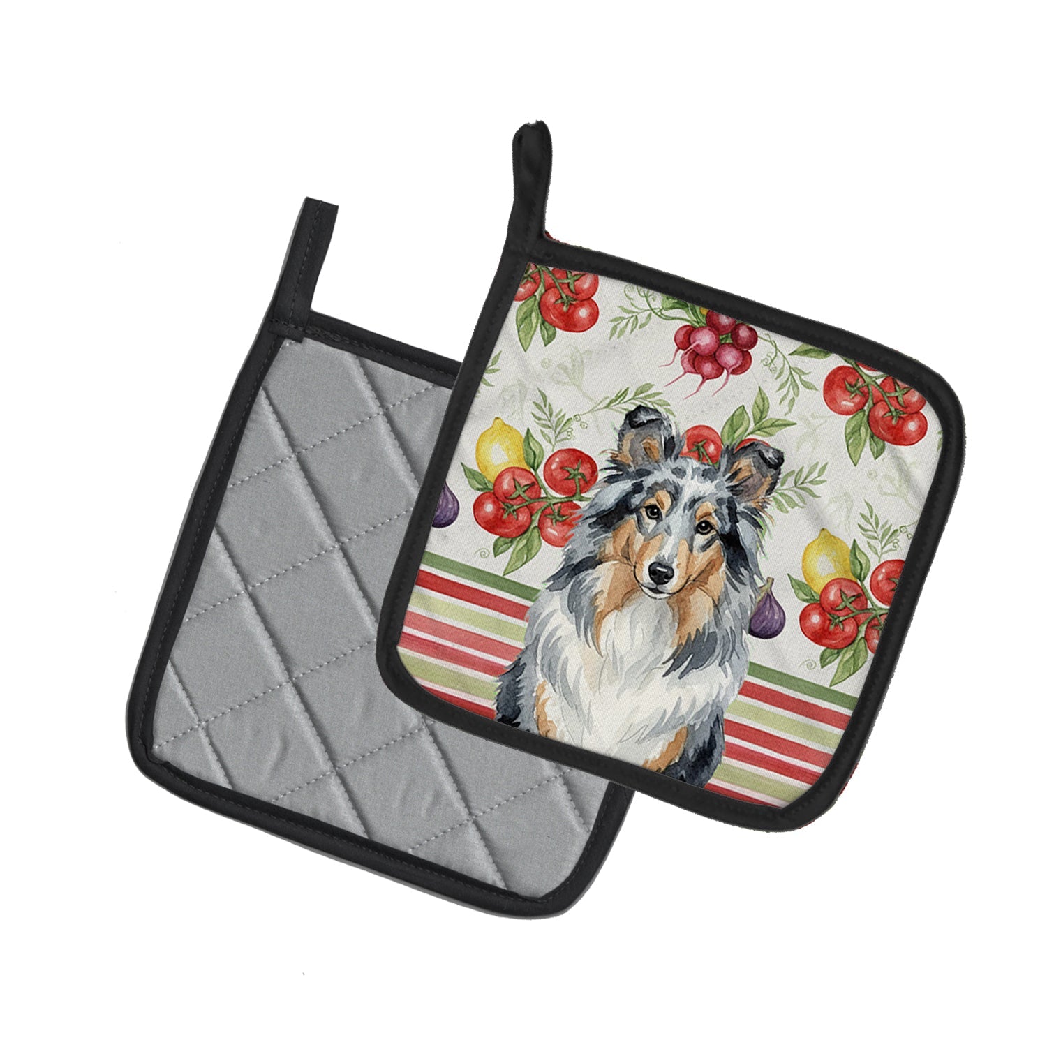 Blue Merle Sheltie Vegetables Pot Holder Set of 2 Heat Resistant Quilted Hot Pads 7.5 x 7.5 Inch, Insulated Kitchen Trivets for Cooking & Baking