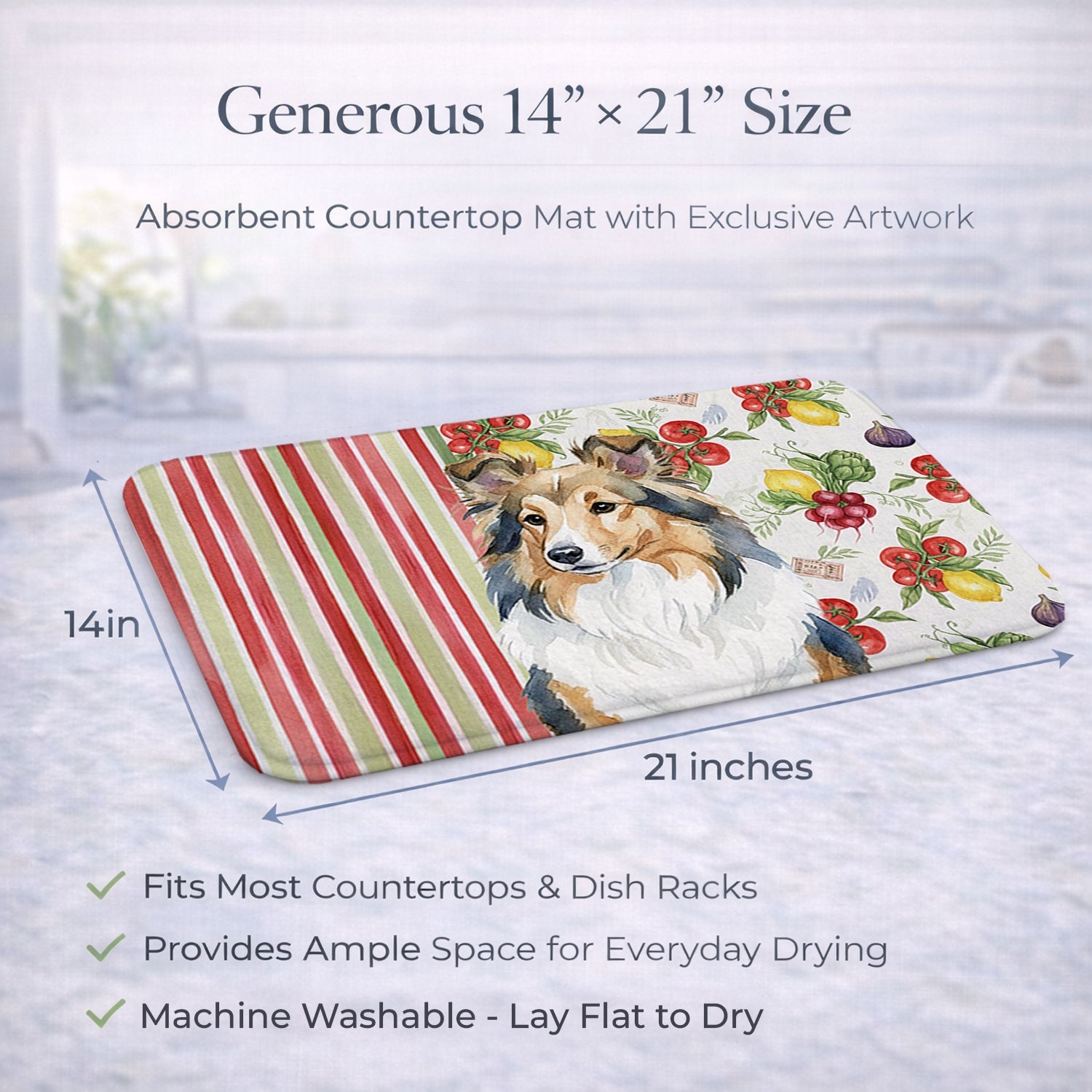 Sable Sheltie Vegetables Dish Drying Mat Absorbent Dish Drying Mat Pad for Kitchen Counter Dish Drainer Mat for Countertop, 14 x 21", Multicolor