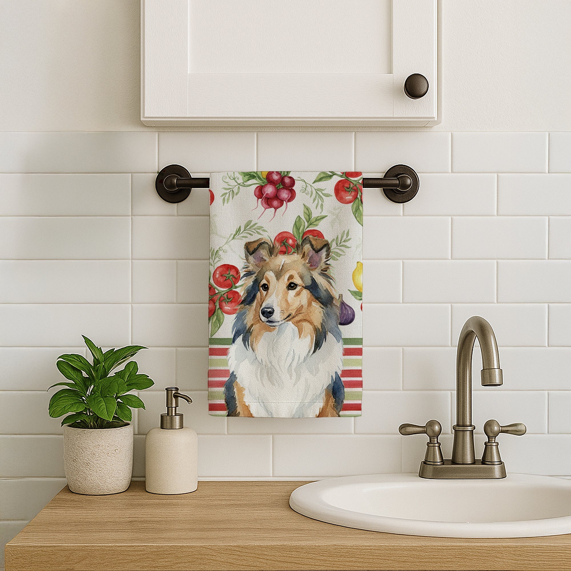 Sable Sheltie Vegetables Kitchen Towel Velour Plush Front and Cotton Loop Back Machine Washable