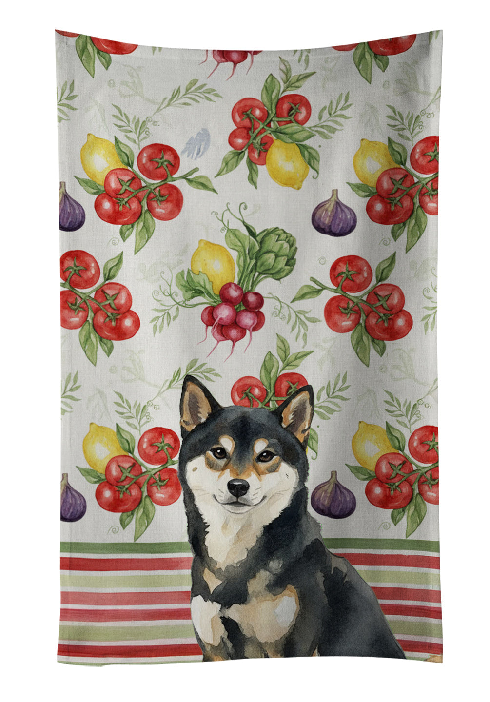 Black and Tan Shiba Inu Vegetables Kitchen Towel Velour Plush Front and Cotton Loop Back Machine Washable