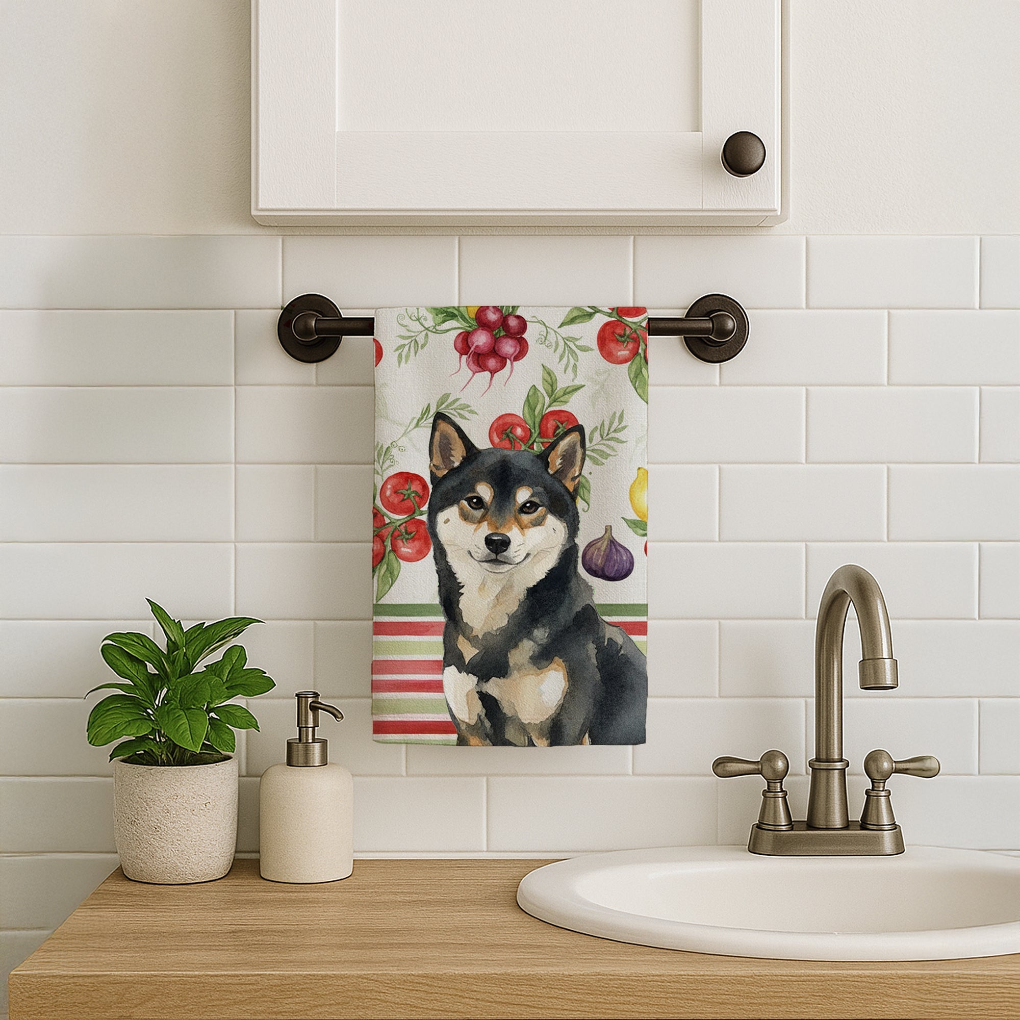 Black and Tan Shiba Inu Vegetables Kitchen Towel Velour Plush Front and Cotton Loop Back Machine Washable