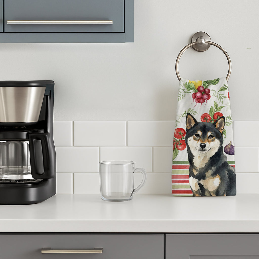 Black and Tan Shiba Inu Vegetables Kitchen Towel Velour Plush Front and Cotton Loop Back Machine Washable