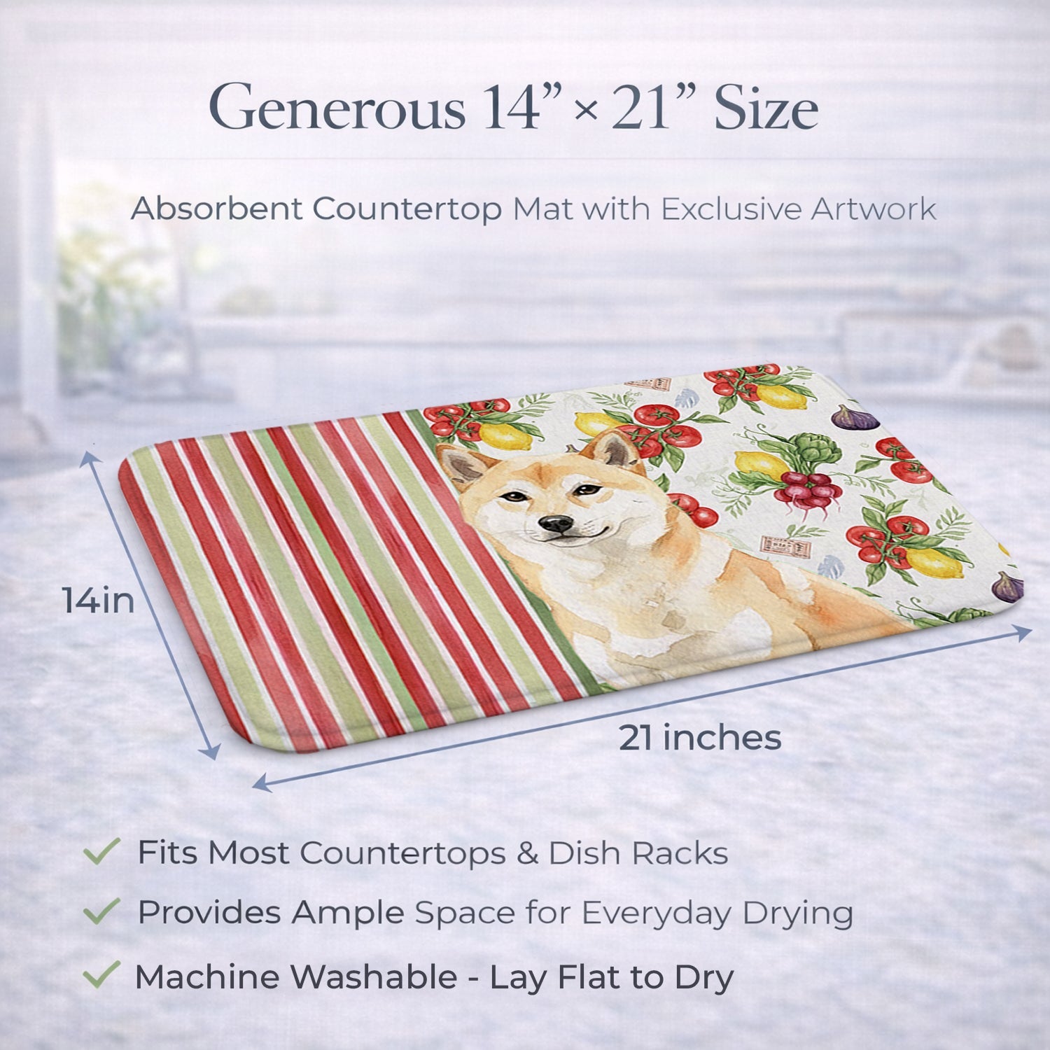 Cream Shiba Inu Vegetables Dish Drying Mat Absorbent Dish Drying Mat Pad for Kitchen Counter Dish Drainer Mat for Countertop, 14 x 21", Multicolor