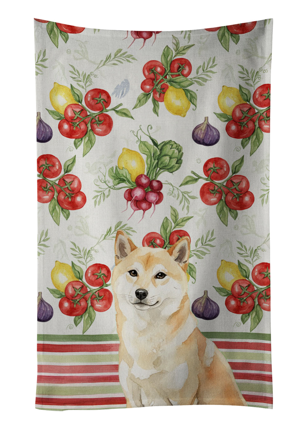 Cream Shiba Inu Vegetables Kitchen Towel Velour Plush Front and Cotton Loop Back Machine Washable